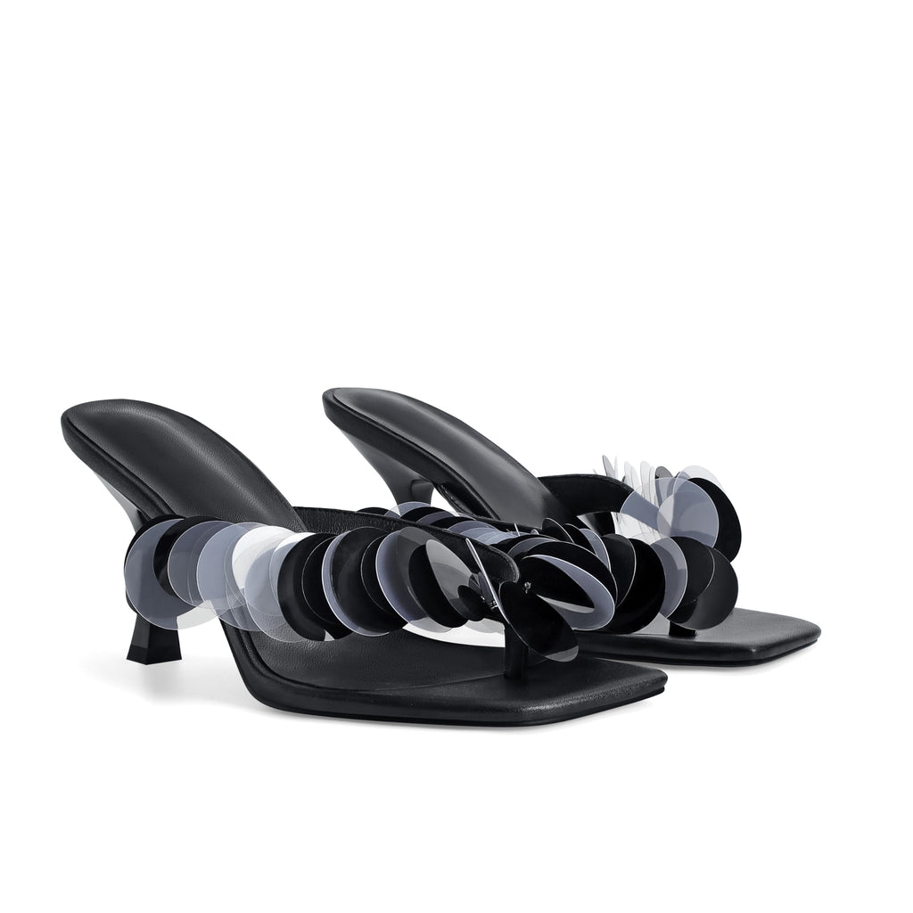 Flip Flop Heels for Women Square Open Strappy Heels Dressy Kitten Heeled Sandals with Plastic Disc Straps Comfortable Slip on Thong Slide