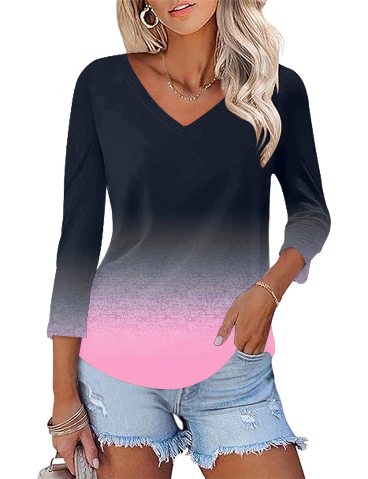 KTILG Women's V Neck T Shirts 3/4 Sleeve Blouse Summer Tops Dressy Casual Solid Basic Tees