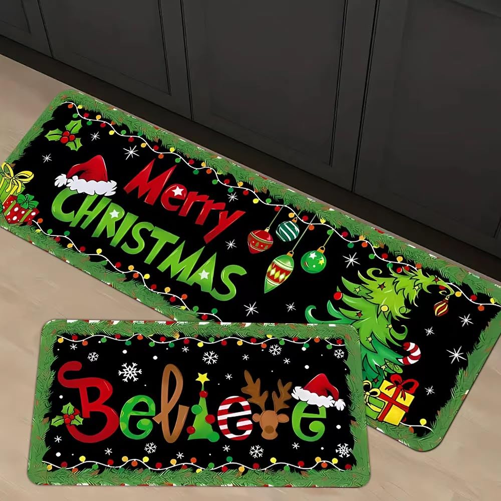 Decorative Kitchen Mat Set, Christmas Holiday Theme, Low Profile Floor Carpet for Home, Party, Autumn Decor, 2 Piece (Christmas)