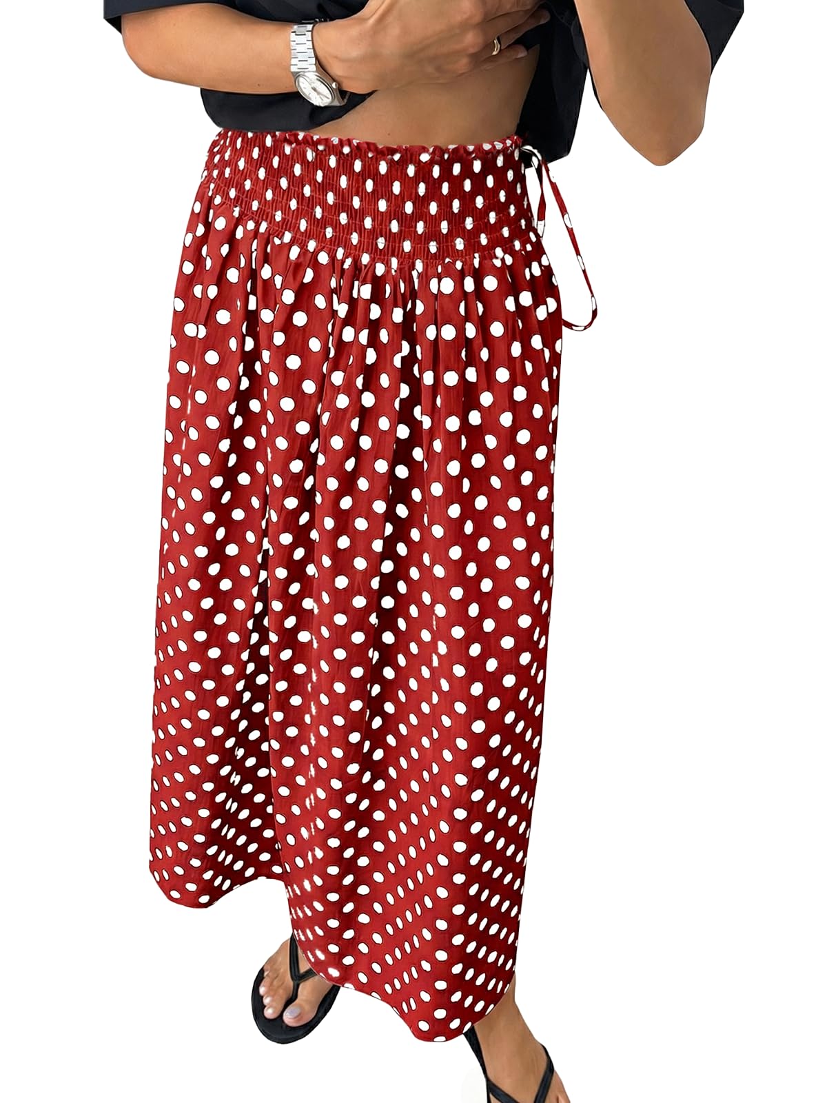 Tankaneo Womens Polka Dot Maxi Skirts Boho Smocked High Waisted Tie Skirt Casual Beach Vacation Dress