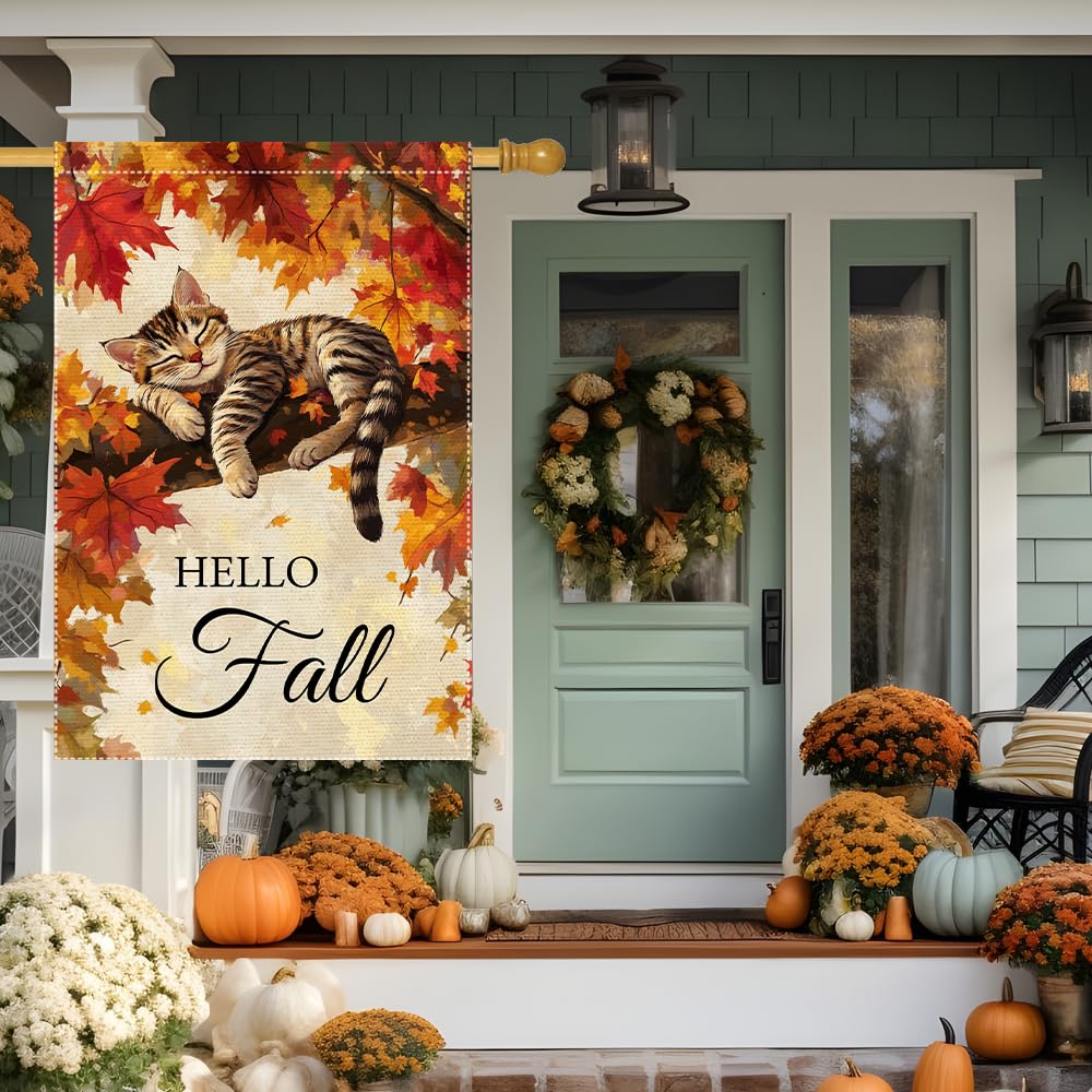 Hello Fall Garden Flag Cat Garden Flags 12x18 Inch Double Sided Vertical Autumn Farmhouse Home Decor Yard Lawn Outdoor Decorations
