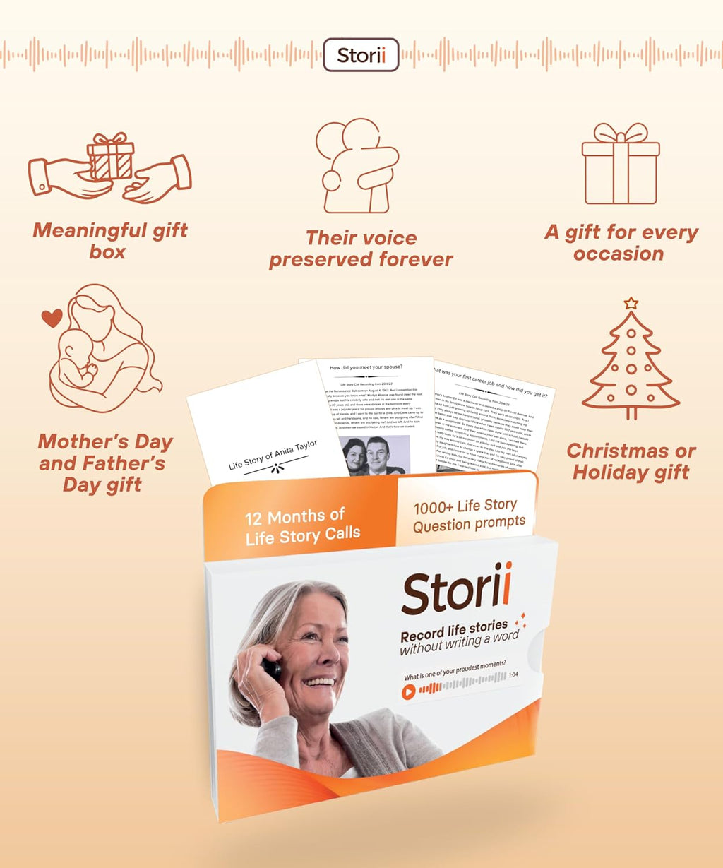 Storii - Record Your Life Story: Guided Voice Journal & Audio Memoir - A Unique Way to Share Your Story - 12 Months of Call Prompts & Automatic Transcription - Gift for Mom, Dad, Grandma & Grandpa