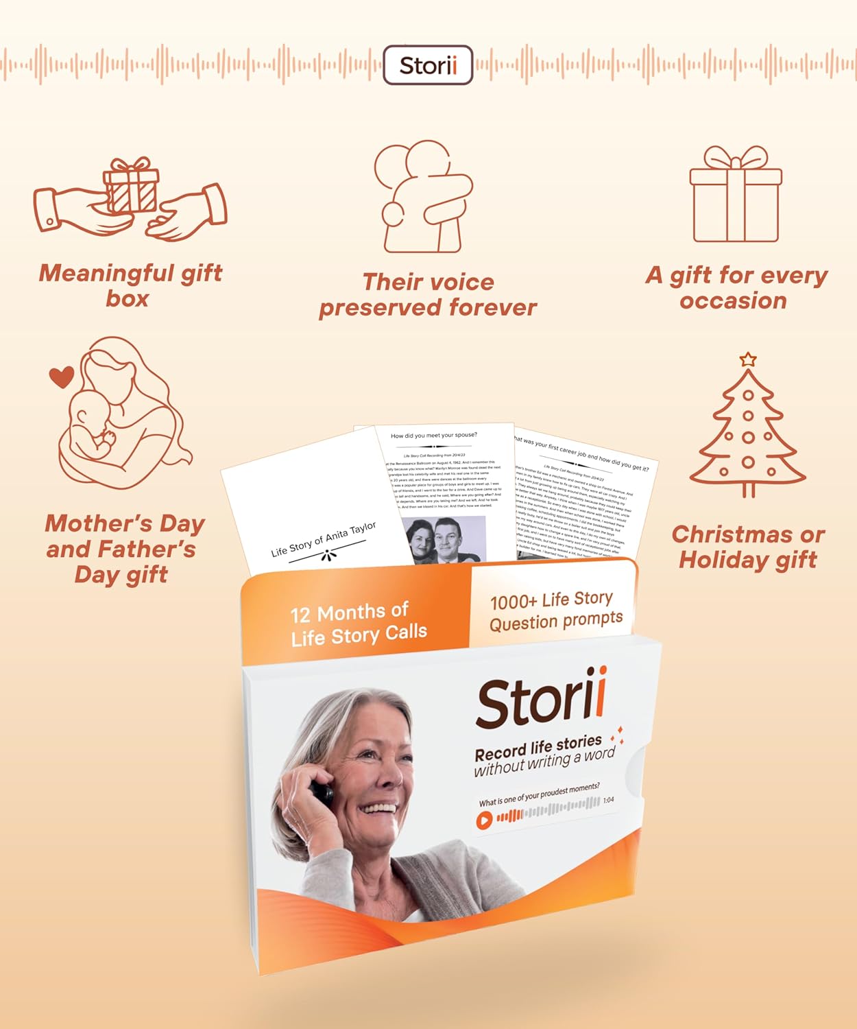 Storii - Record Your Life Story: Guided Voice Journal & Audio Memoir - A Unique Way to Share Your Story - 12 Months of Call Prompts & Automatic Transcription - Gift for Mom, Dad, Grandma & Grandpa