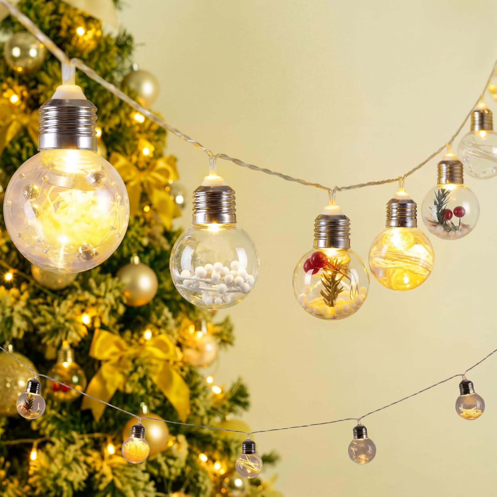 Aurelema Christmas Tree Snow Globe String Lights 6.56 FT 10 LED Xmas Light Balls with 5 Christmas Figurines Constant Vintage Decor Lighting for Indoor Outdoor Xmas Party Decoration(Red)