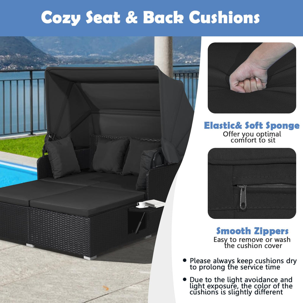 Tangkula Patio Rattan Daybed with Retractable Canopy, Outdoor Wicker Sunbed Lounger with 2 Foldable Side Tables, Thick Seat & Back Cushions, Outside Double Daybed for Garden, Backyard, Porch