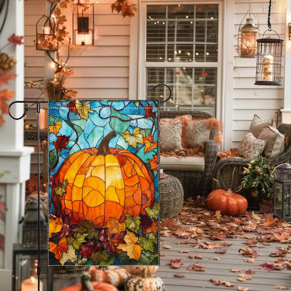 Fall Garden Flag For Outdoor Decor Thanksgiving Garden Flags Autumn Stained Glass Pumpkin Maple Leaf Double Sided Small Burlap Outside Porch Lawn Yard Flags Decorations 12.5x18 Inch