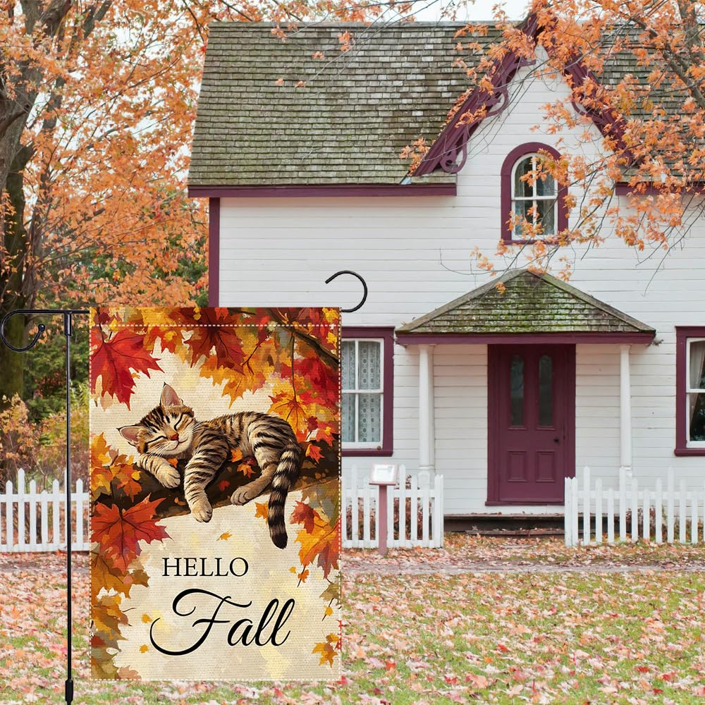 Hello Fall Garden Flag Cat Garden Flags 12x18 Inch Double Sided Vertical Autumn Farmhouse Home Decor Yard Lawn Outdoor Decorations