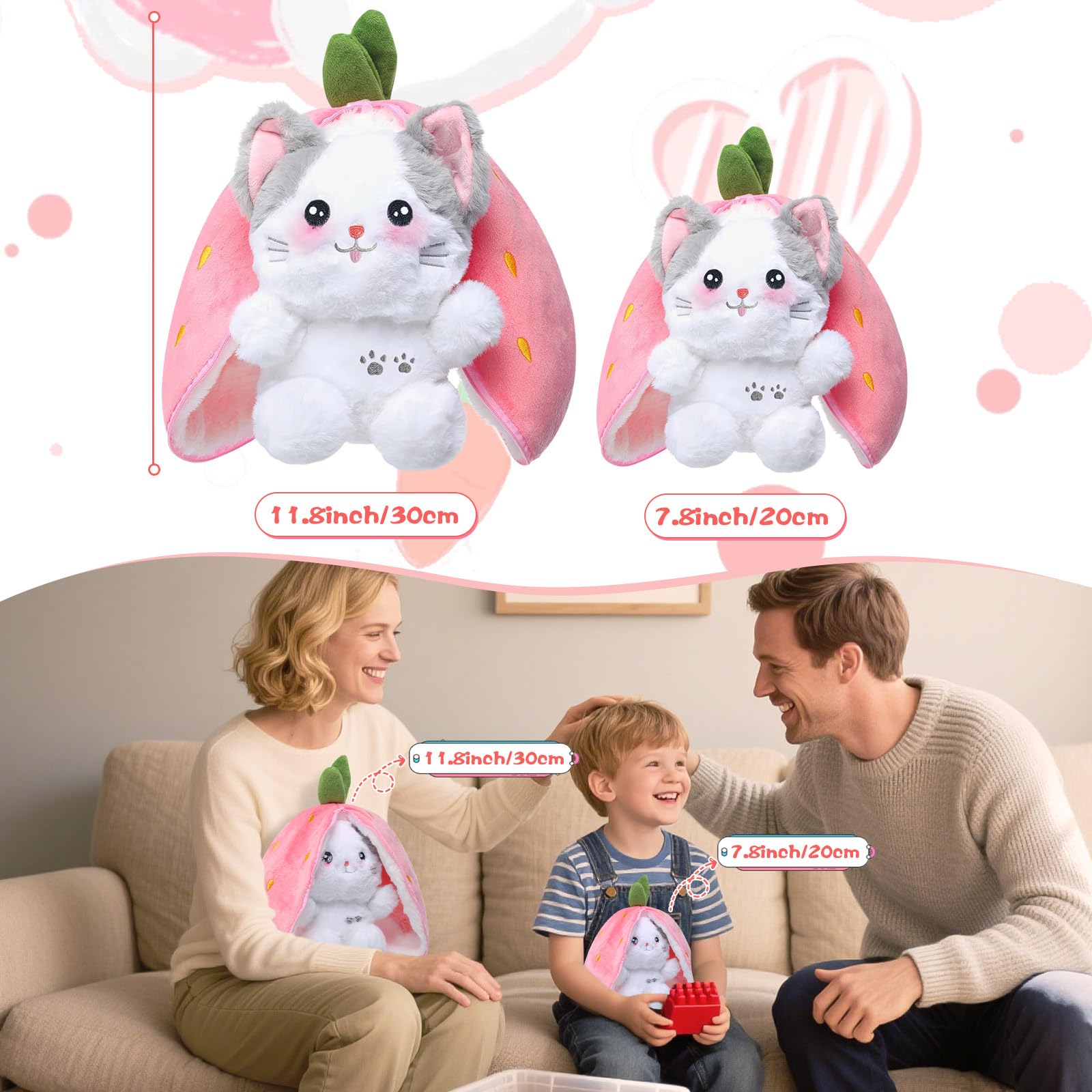 MIAODAM Bunny Stuffed Animal Reversible Cuddle Bunny Stuffed,Strawberry Bunny Transformed Rabbit Plush Zipper,Turns Into Ears Bunnies Plushies Toy Cute Stuffy Doll Easter