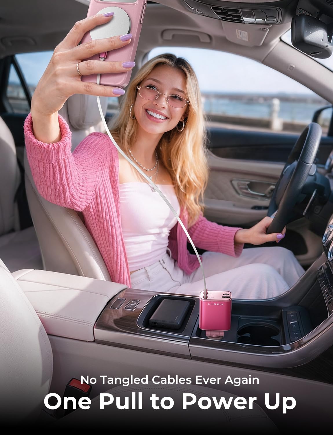 LISEN Retractable Car Charger, 84W Car Charger USB C Fast Charger Adapter for iPhone, Car Accessories for Men Women, Gifts for Fathers Day for Men Dad Husband, for iPhone 17 16 15 14 13 12 11 Samsung
