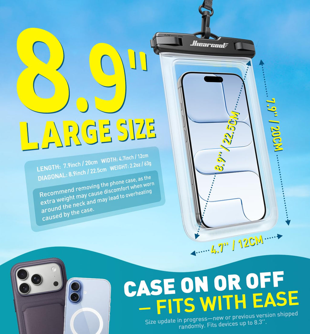 Hiearcool Waterproof Phone Pouch, IPX8 Waterproof Phone Case for iPhone 17/16/15/14 Pro Max, Cell Phone Dry Bag for Beach & Cruise Essentials, Touch Screen, Lanyard Included, 2 Pack (Fits Up to 8.9”)