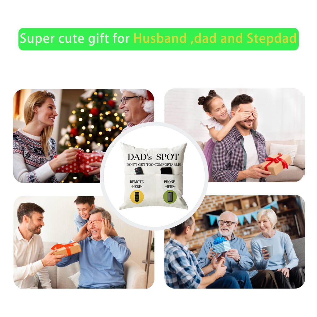 ONFAON Grandpa Gifts,Grandpa's Spot Throw Pillow Covers 18x18 Inch,Put Phone Glasses and Remote Control Pillowcase,Birthday Christmas Thanksgiving Day Gifts for Grandpa Stepdad,3-Pocket