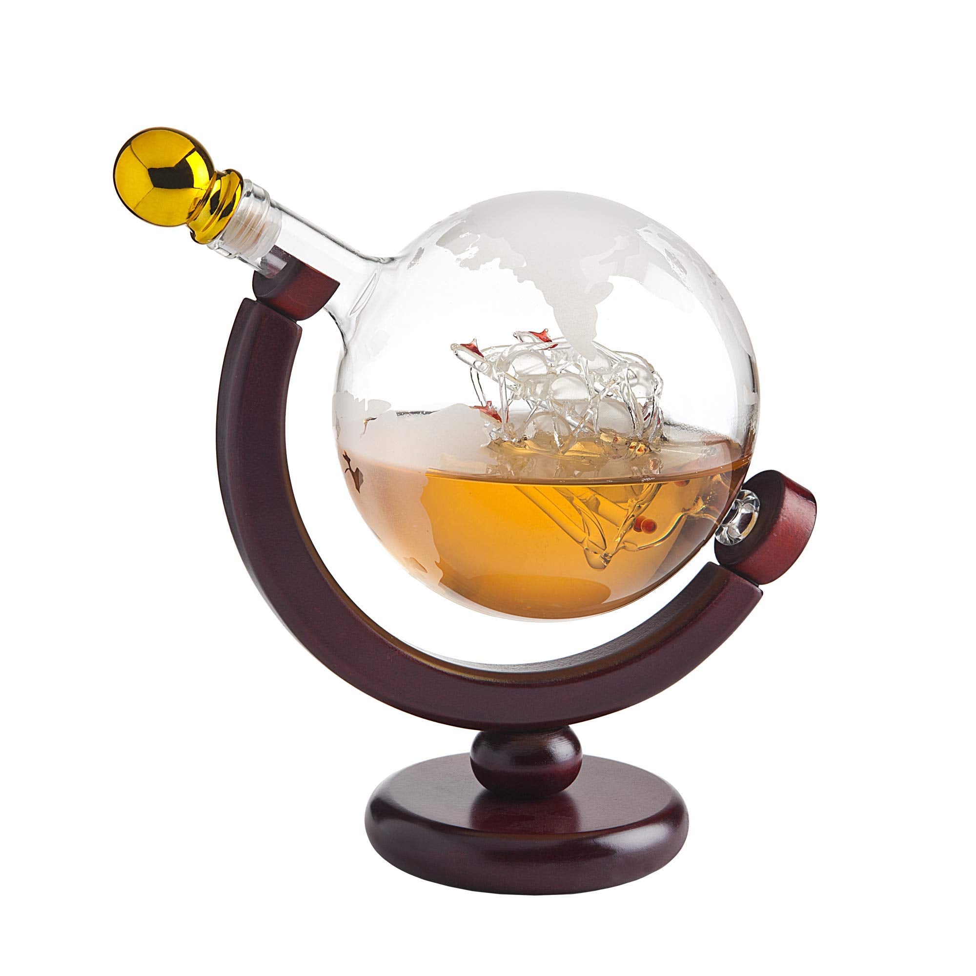 Godinger Whiskey Decanter Globe Set with 4 Etched Glasses for Liquor, Scotch, Bourbon, Vodka, Gifts for Men - 850ml Clear