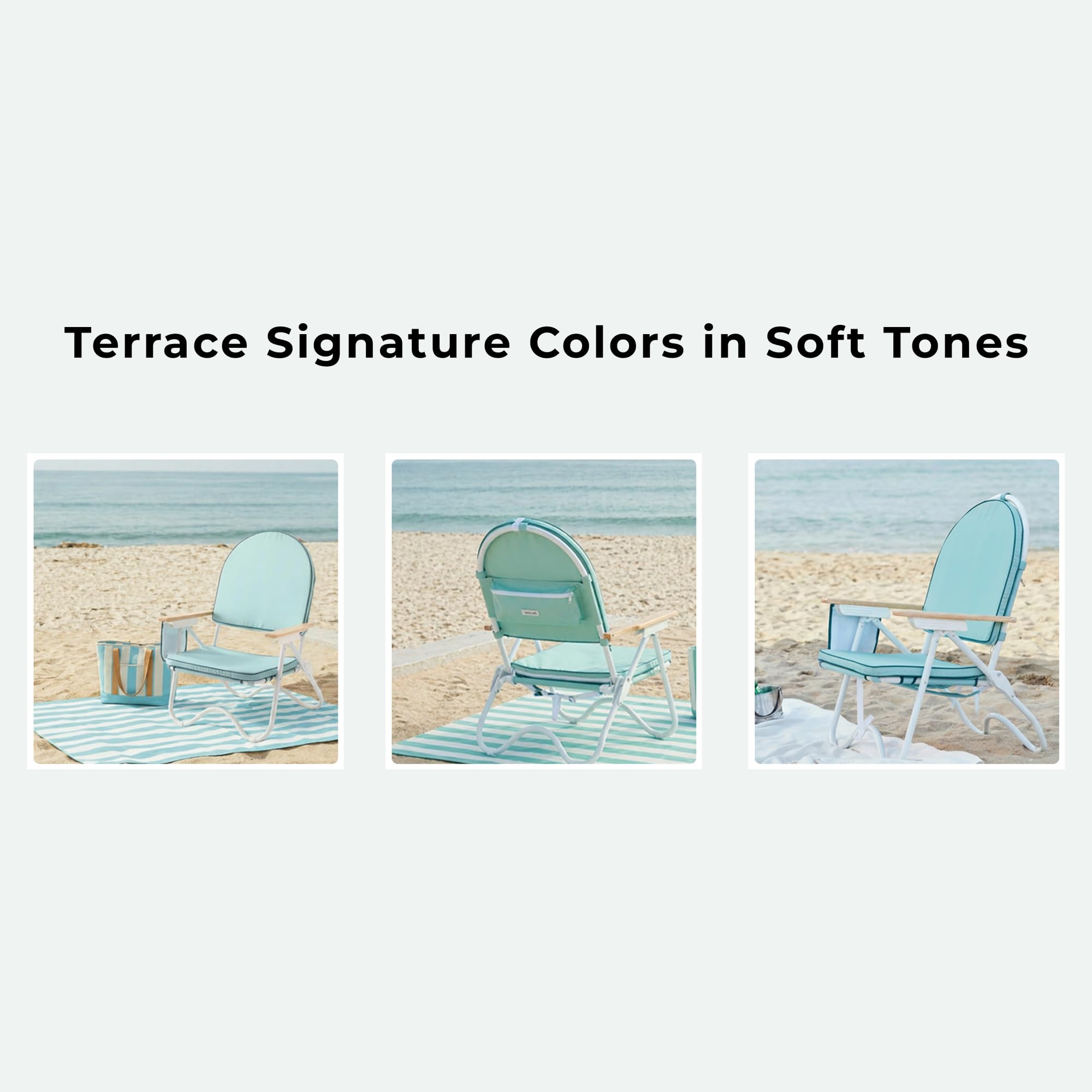 Padded Low Beach Chair, 4-Position Folding Outdoor Chair with Wooden Armrests, Cushioned Seat, Storage Pouch & Carry Strap for Beach, Patio and Lawn, Cala Serena Ochre Stripe