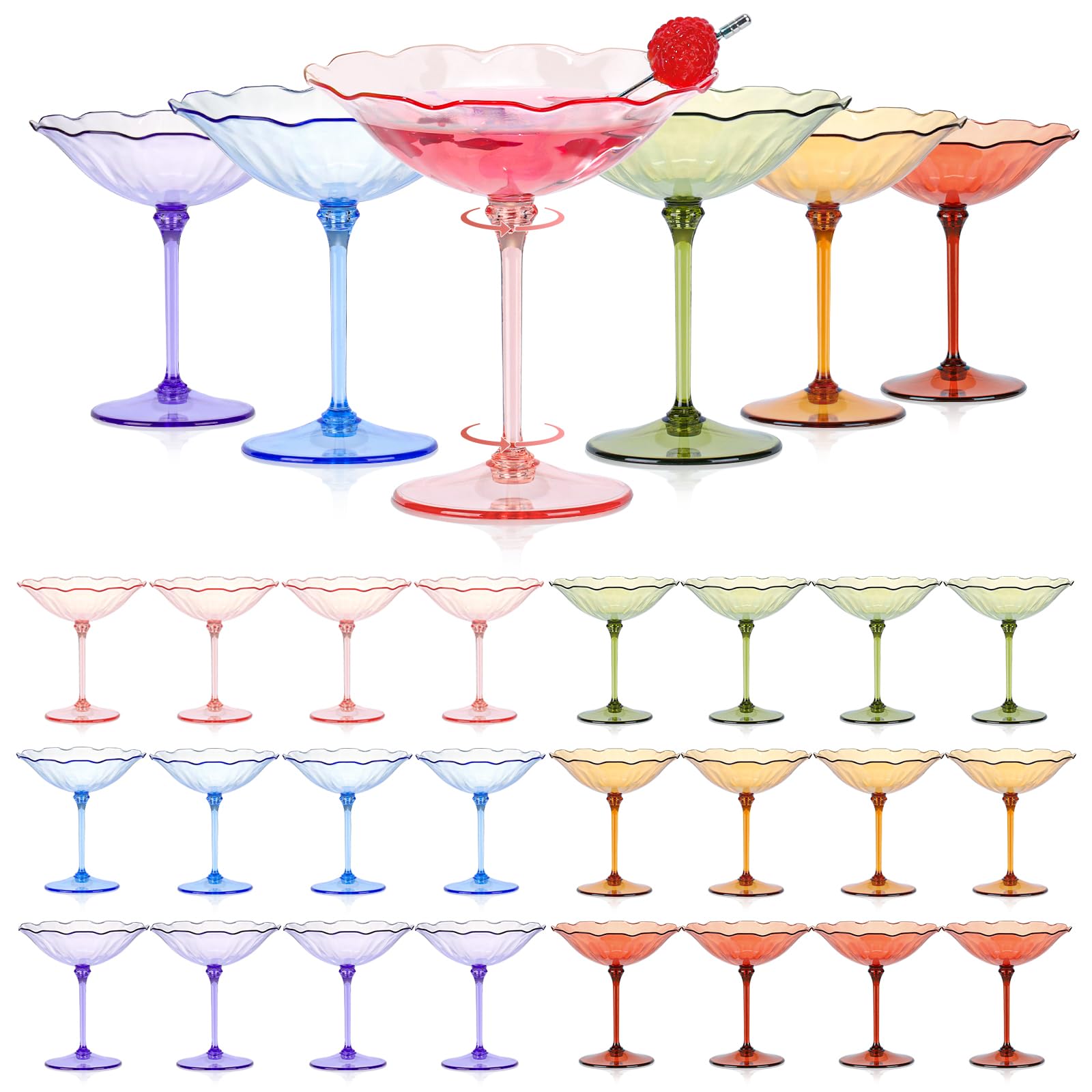 12 Pcs Colorful Plastic Martini Glasses 7oz Flower Cocktail Coupe Glasses 6 Color Disposable Martini Cup Vintage Detachable Dessert Parfait Glassware for Wedding Birthday Bachelorette Party