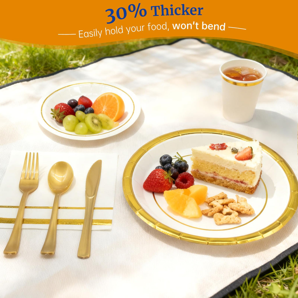AIRE 175PCS Black and Gold Paper Plates Party Supplies for 25 Guests Disposable Party Decorations Dinnerware Golden Dot Black Paper Plates Napkins Cups Gold Plastic Forks Knives Spoons for Mothers Day