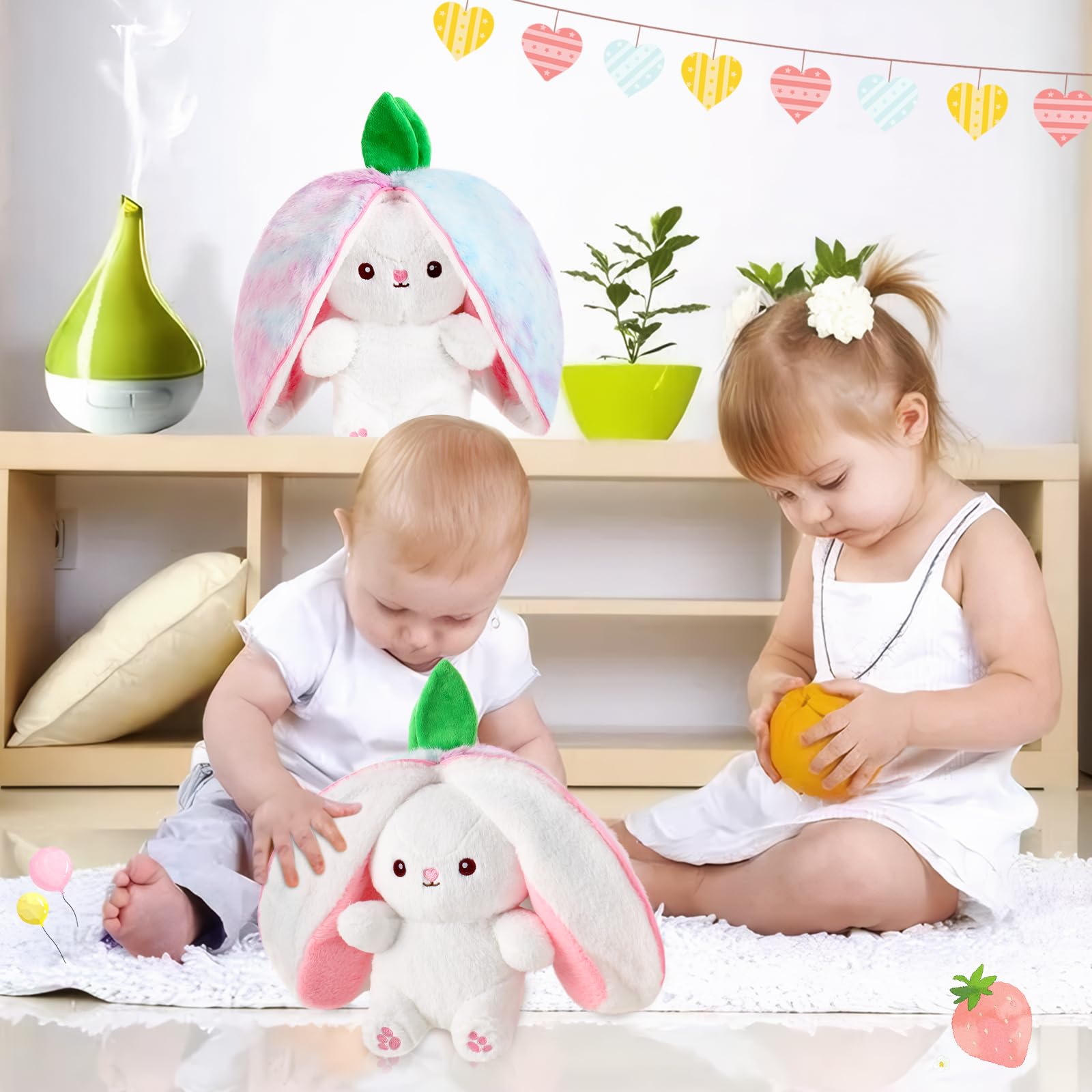 MIAODAM Bunny Stuffed Animal Reversible Cuddle Bunny Stuffed,Strawberry Bunny Transformed Rabbit Plush Zipper,Turns Into Ears Bunnies Plushies Toy Cute Stuffy Doll Easter