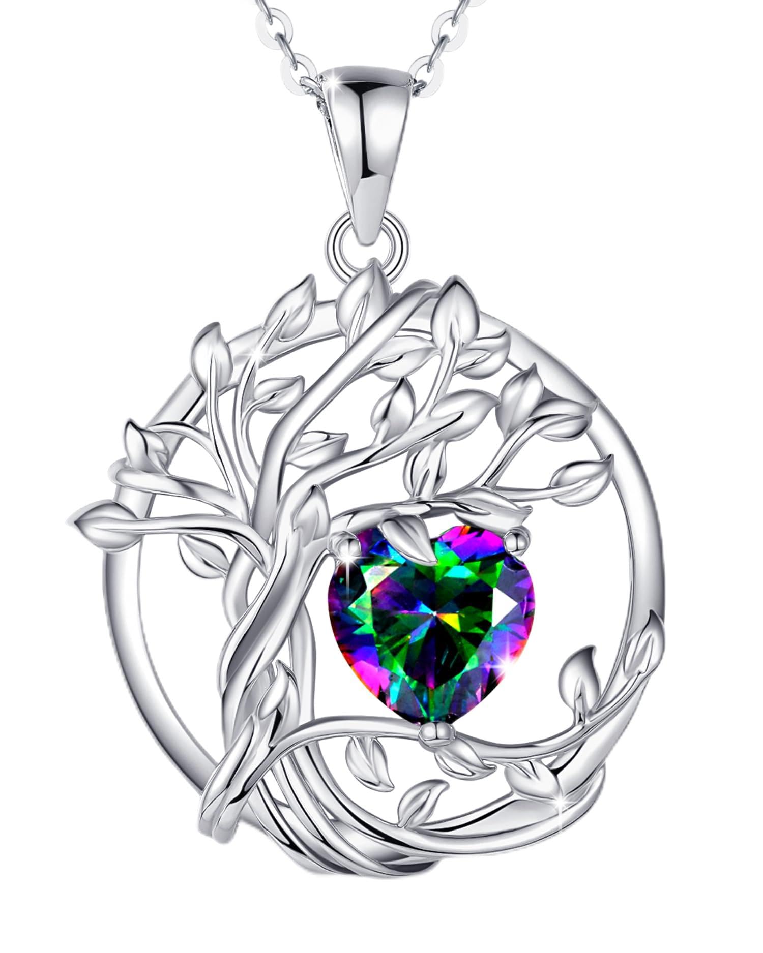 FANCIME Tree of life Birthstone necklace Sterling Silver Pendant Birthstone Necklace Gemstone Anniversary Birthday Jewelry Mothers Day Gifts for Mom Her Wife