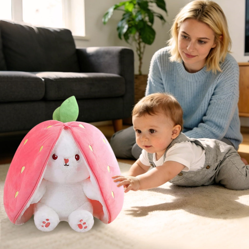 MIAODAM Bunny Stuffed Animal Reversible Cuddle Bunny Stuffed,Strawberry Bunny Transformed Rabbit Plush Zipper,Turns Into Ears Bunnies Plushies Toy Cute Stuffy Doll Easter