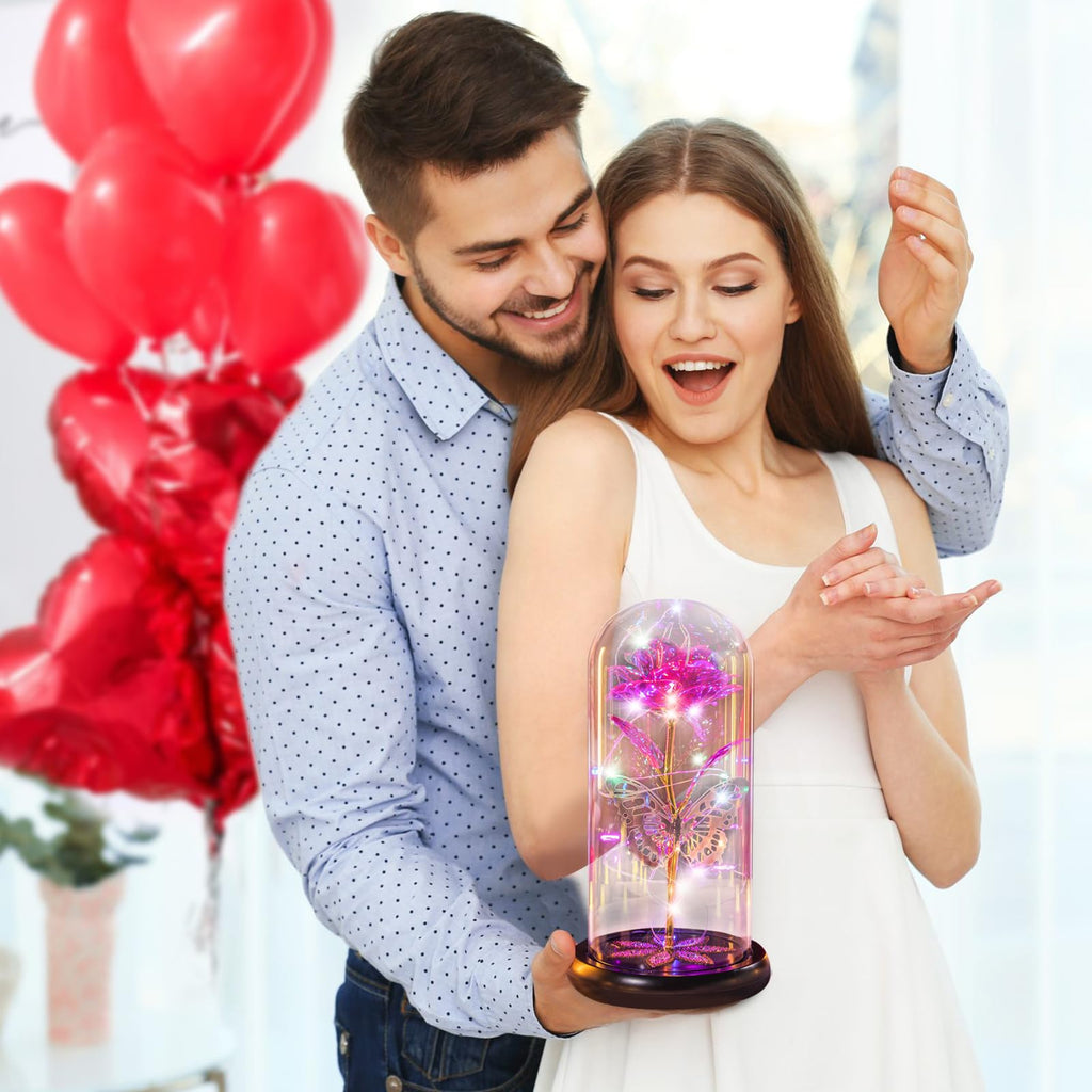 Pusuny Mothers Day Flowers Gifts for Mom Women Birthday Gift Galaxy Glass Rose Forever Eternal Crystal Flowers Rose in Glass Dome with Butterfly Mother's Day Roses Gifts for Mom Daughter Wife Purple