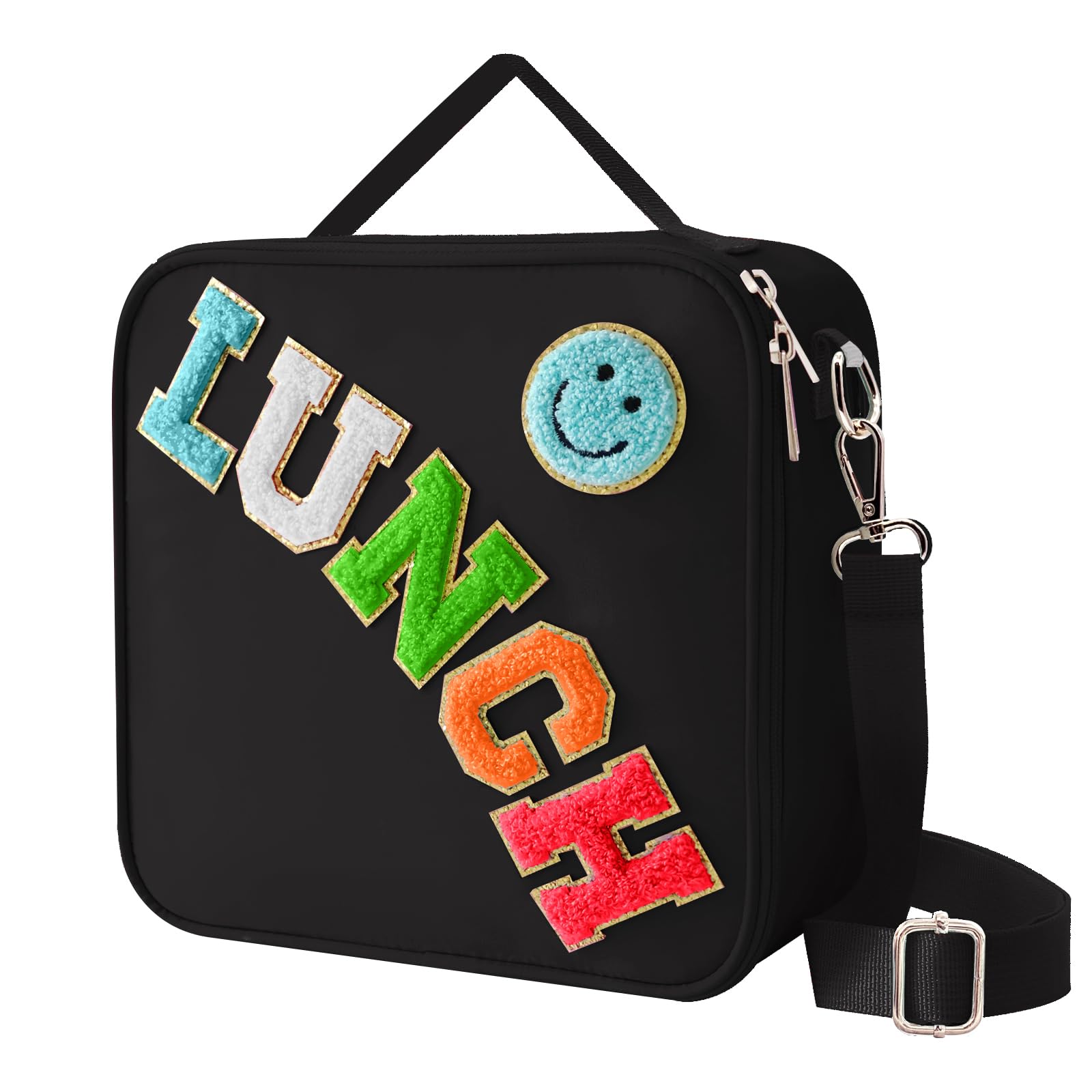 Insulated Lunch Bag With Adjustable Shoulder Strap, Nylon Preppy Lunch Box Large Insulated Lunch Bag Reusable Lunch Tote Bag with Smiley Preppy LunchBag for Girls School Travel Picnic (Purple)