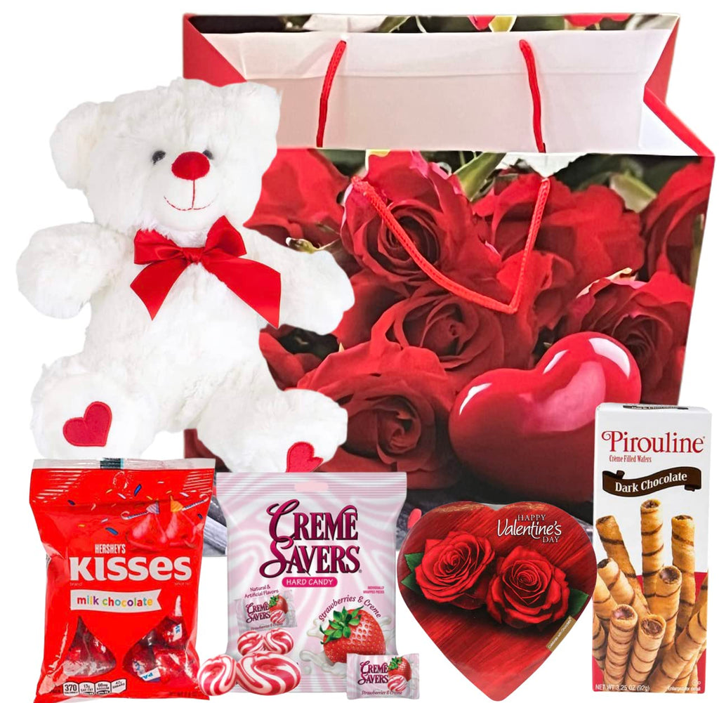 Valentines Day Gift Basket Set | Teddy Bear Plush (COLOR VARYS), Creme Savers Hard Candy, Individually Wrapped, Hershey Kisses Milk Chocolate, Heart Shape Elmer Chocolates Dark Chocolate or Hazelnut Pirouline Wafers, & Valentine Bag (Design Varies |