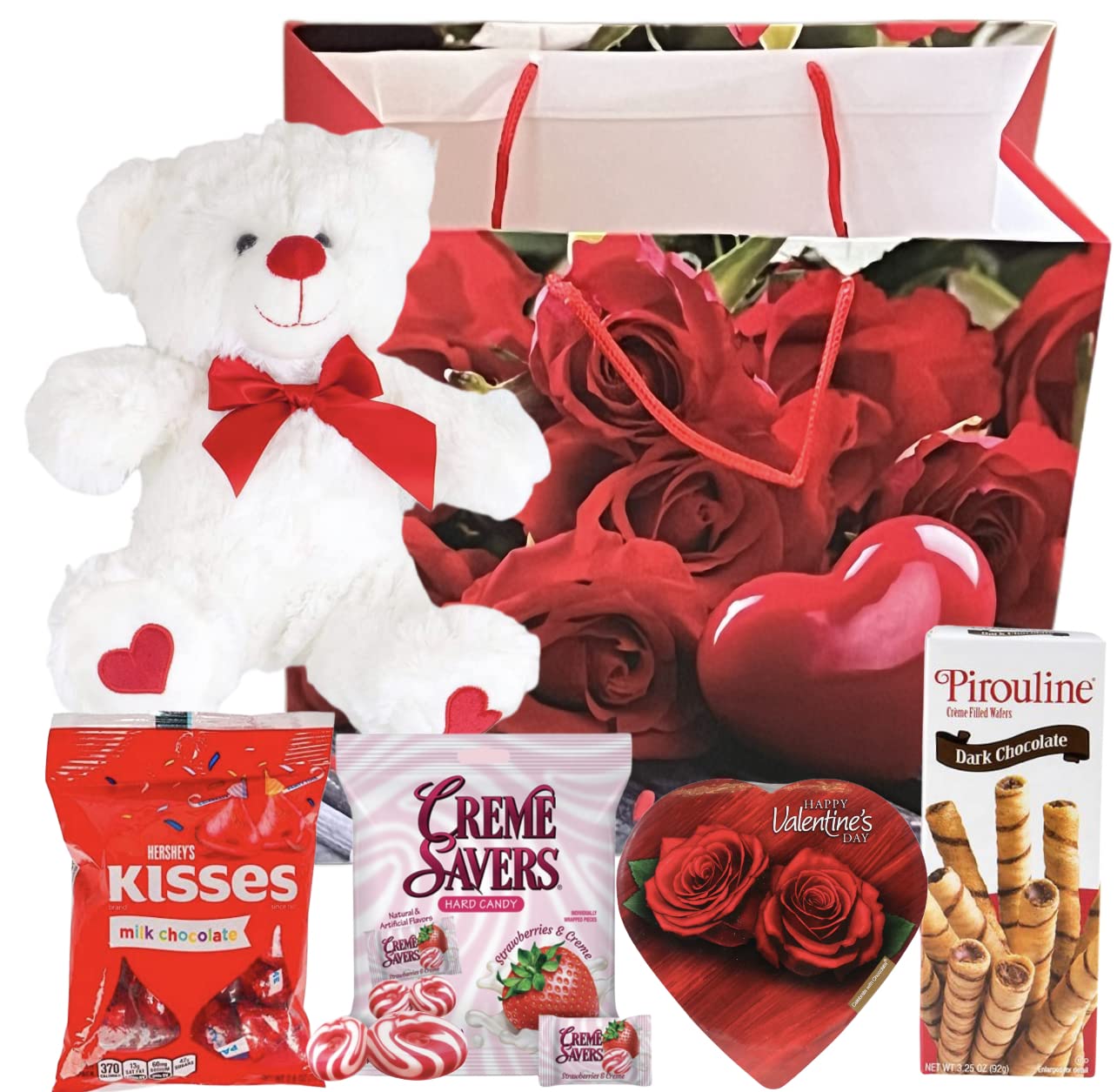 Valentines Day Gift Basket Set | Teddy Bear Plush (COLOR VARYS), Creme Savers Hard Candy, Individually Wrapped, Hershey Kisses Milk Chocolate, Heart Shape Elmer Chocolates Dark Chocolate or Hazelnut Pirouline Wafers, & Valentine Bag (Design Varies |