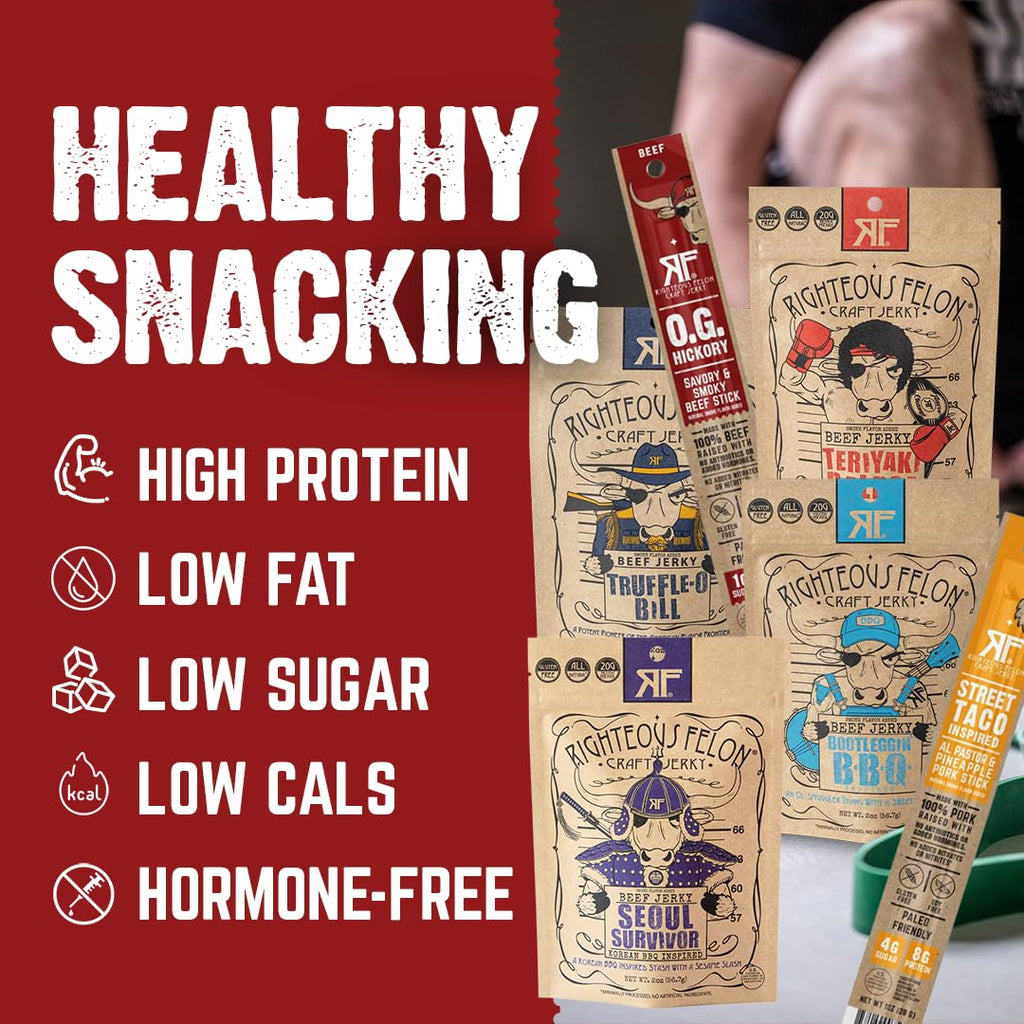 Righteous Felon Beef Jerky & Meat Sticks Variety Pack - Father's Day Jerky Sampler for Dad - Gluten Free Beef Jerky Snack Packs - High Protein, Keto, Low Sugar - Gifts for Men - 11 Pack Sampler