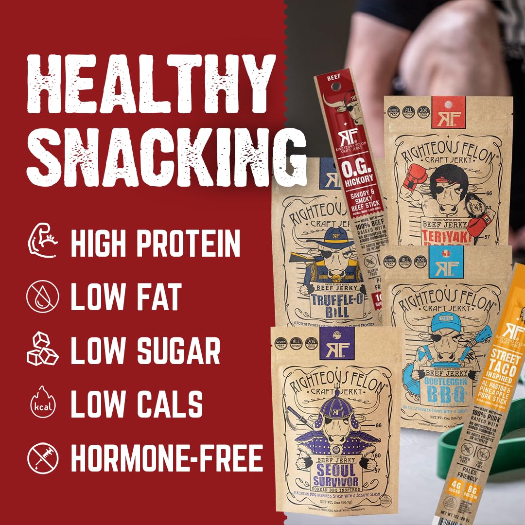 Righteous Felon Beef Jerky & Meat Sticks Variety Pack - Father's Day Jerky Sampler for Dad - Gluten Free Beef Jerky Snack Packs - High Protein, Keto, Low Sugar - Gifts for Men - 11 Pack Sampler