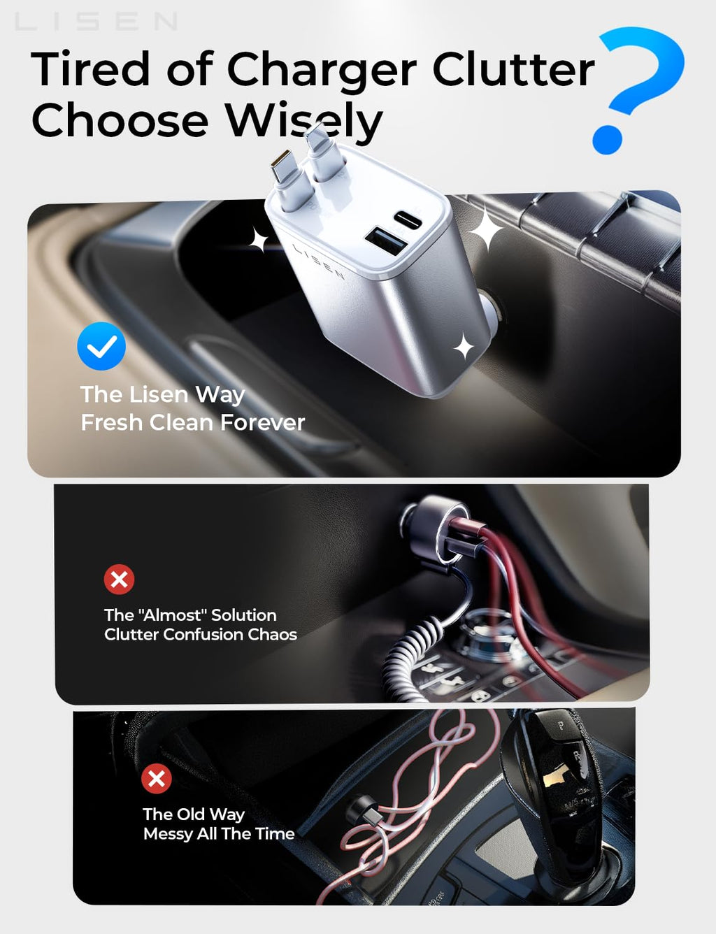 LISEN Retractable Car Charger, 84W Car Charger USB C Fast Charger Adapter for iPhone, Car Accessories for Men Women, Gifts for Fathers Day for Men Dad Husband, for iPhone 17 16 15 14 13 12 11 Samsung