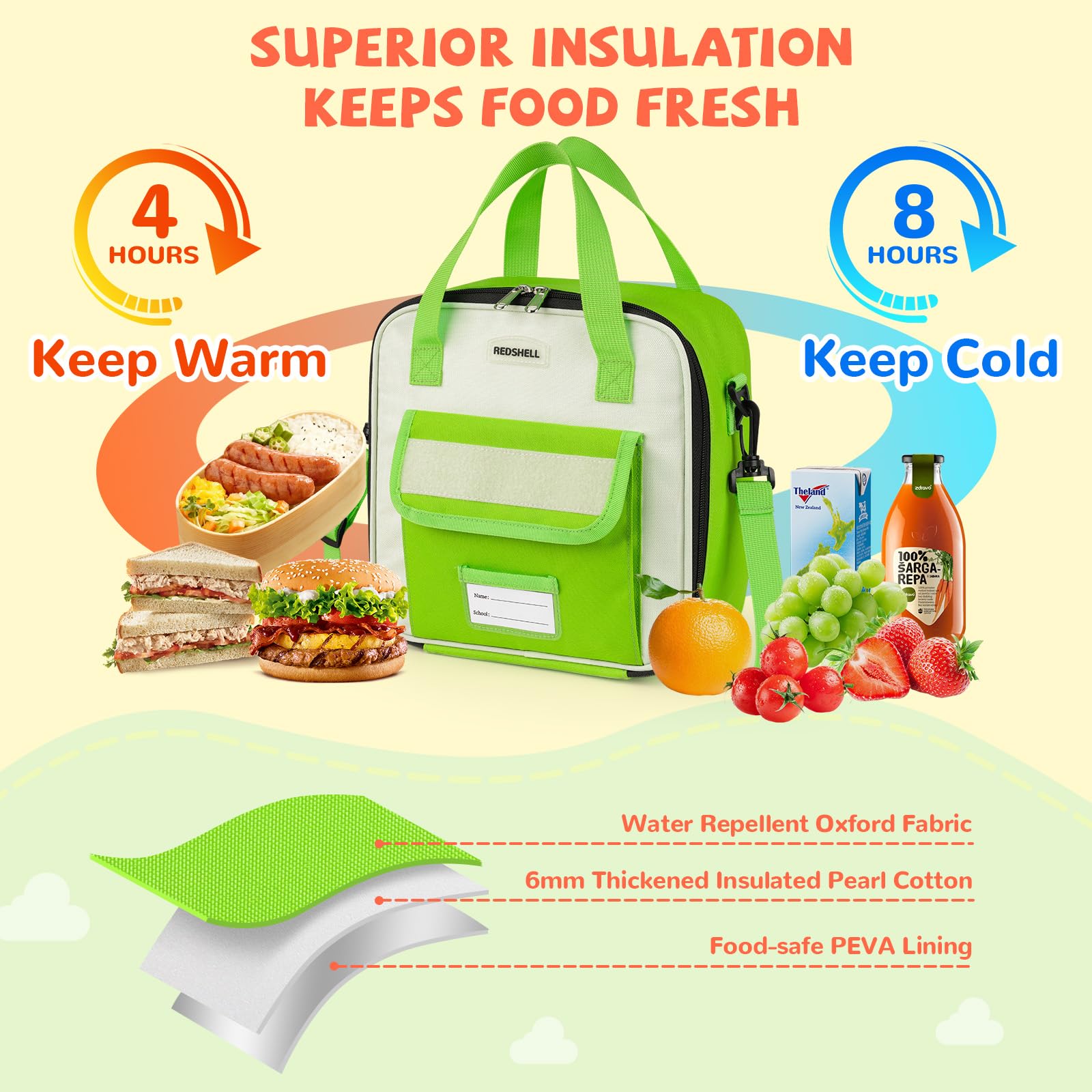 REDSHELL Tactical Lunch Box Kids, Large Insulated Lunch Bag for Girls, Cooler Lunchbag, Square Toddler Lunchbox, School Daycare Lunch Tote Pail with Water Bottle Holder Shoulder Strap, Purple