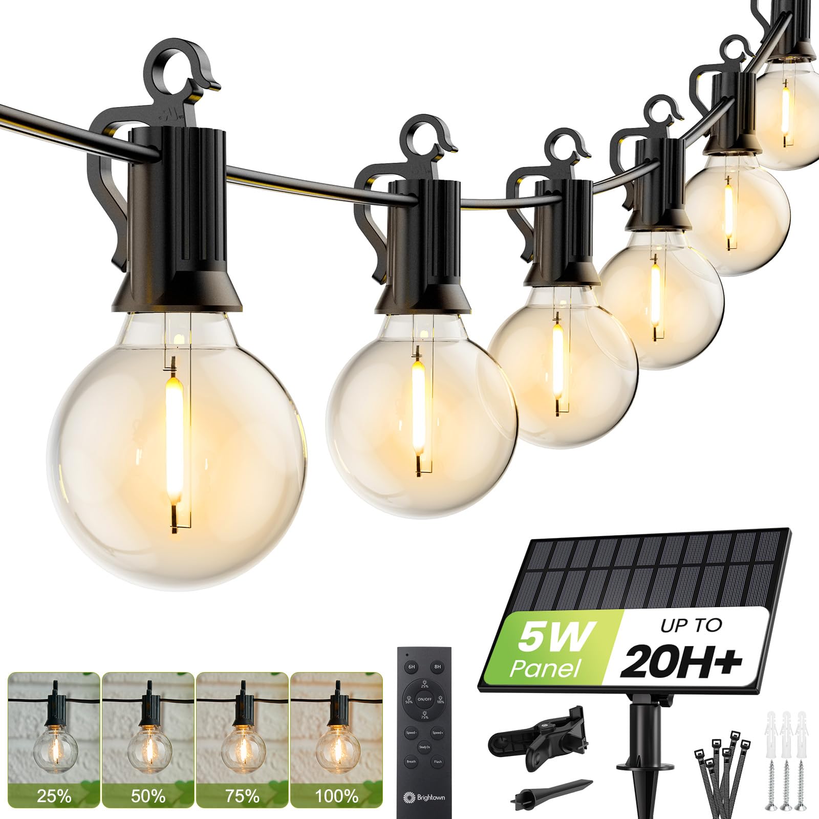 Brightown 58FT Solar String Lights Outdoor with Remote Cable Ties Hooks, 26 LED Shatterproof Bulbs, 3 Light Modes, Dimmer & Timer, Commercial Grade Patio Lights for Yard Balcony Pergola Party Decor