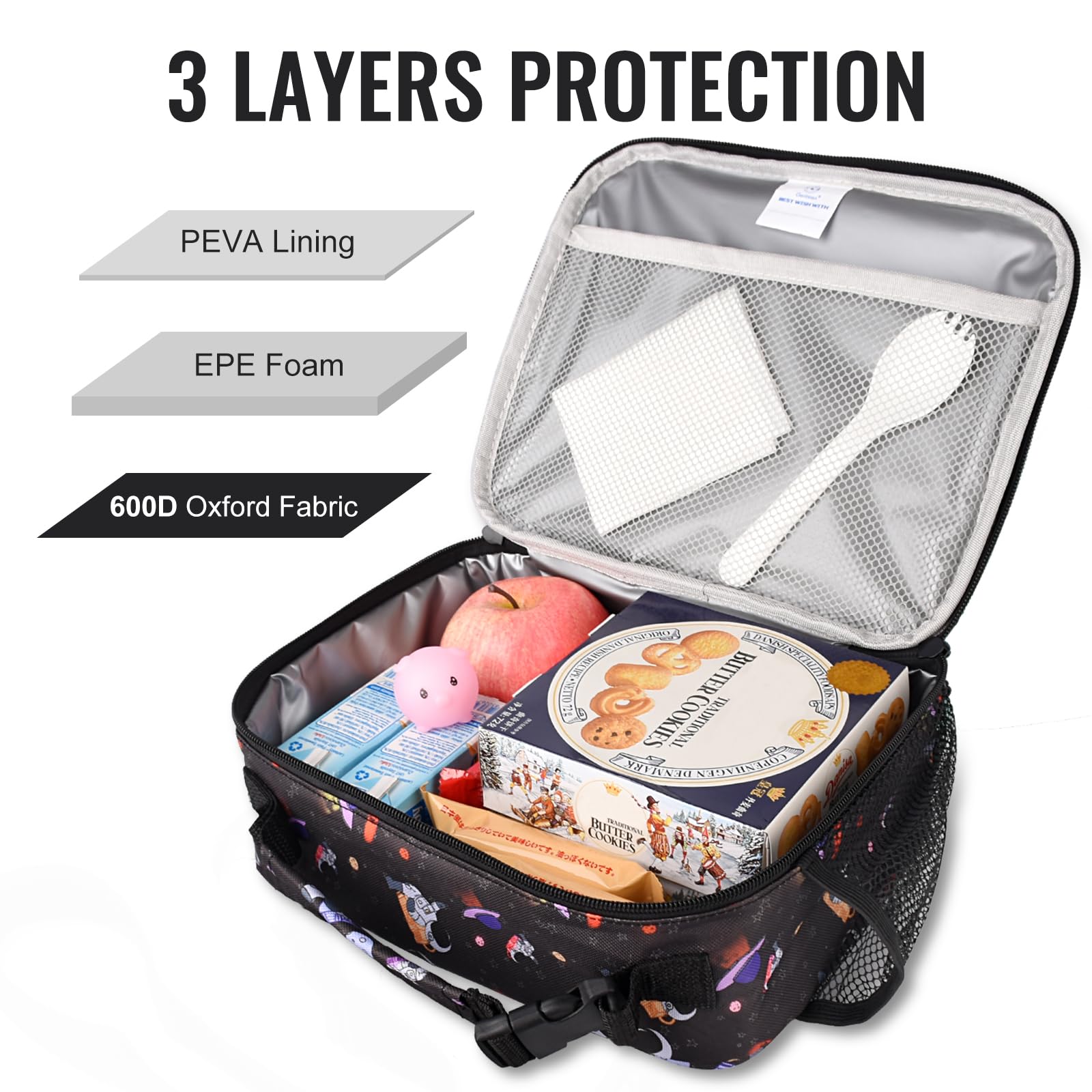 Genteen Lunch Box Kids, Insulated Lunch Bag Kids Boys Girls Back to School, Soft Lunch Box for Men Reusable Lunchbox for Office,Outdoor,School (Black)