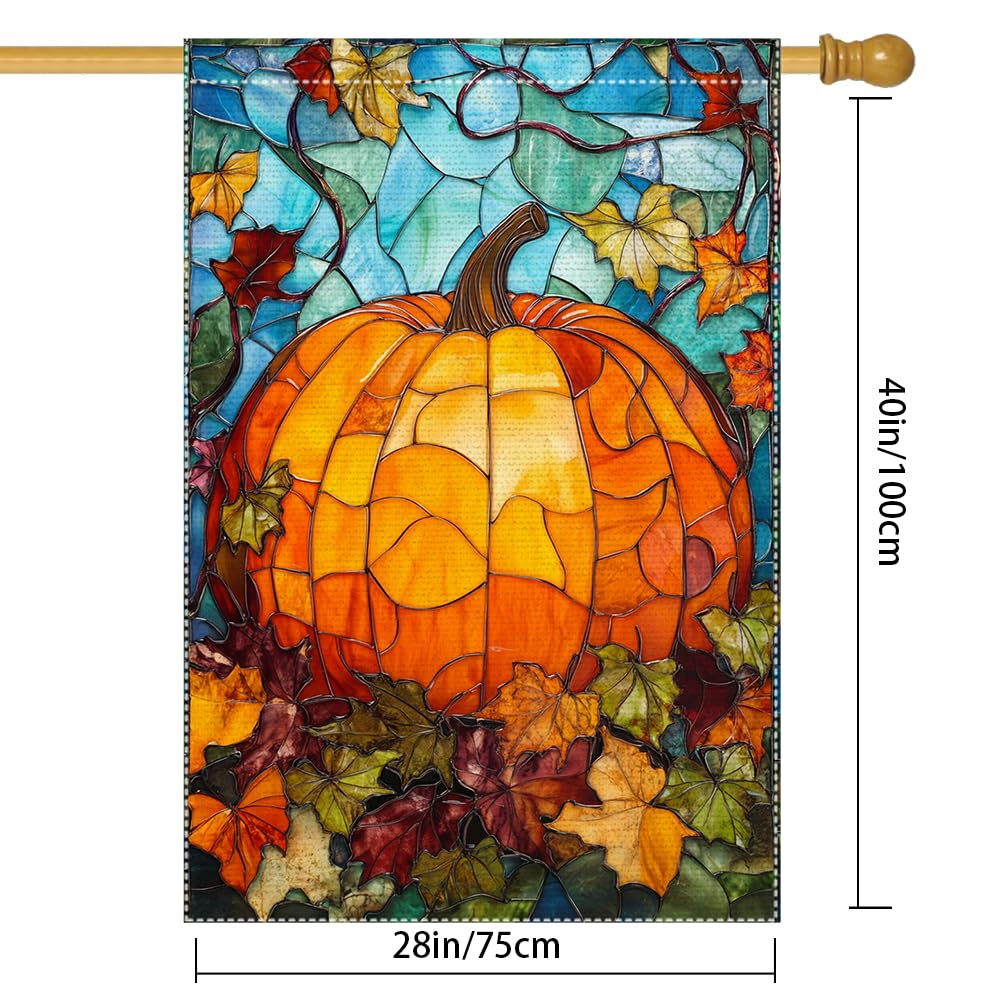 Fall Garden Flag For Outdoor Decor Thanksgiving Garden Flags Autumn Stained Glass Pumpkin Maple Leaf Double Sided Small Burlap Outside Porch Lawn Yard Flags Decorations 12.5x18 Inch