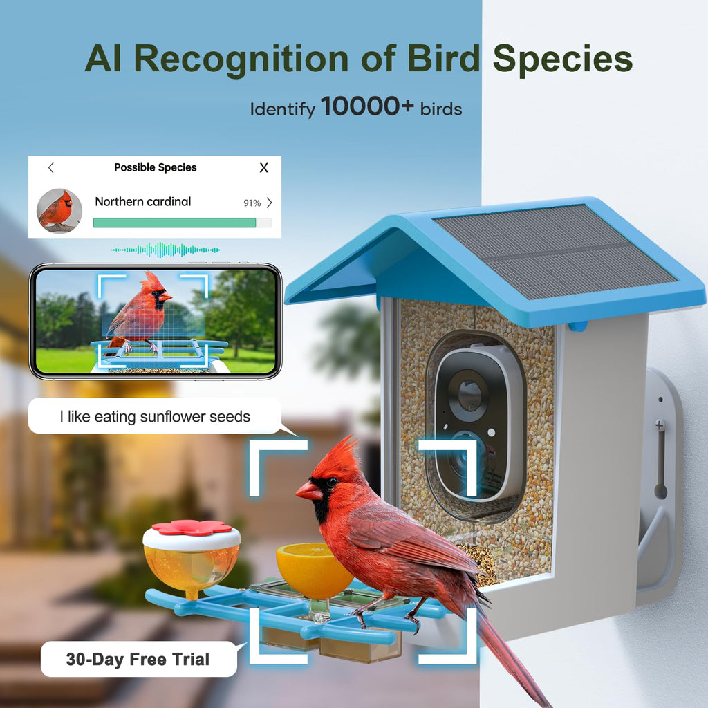 Smart Bird Feeder with Camera: Solar Powered Birdhouse with AI Recognition, Wireless Bird House with Camera for Outdoor, Unique Birthday Gifts for Mom Dad