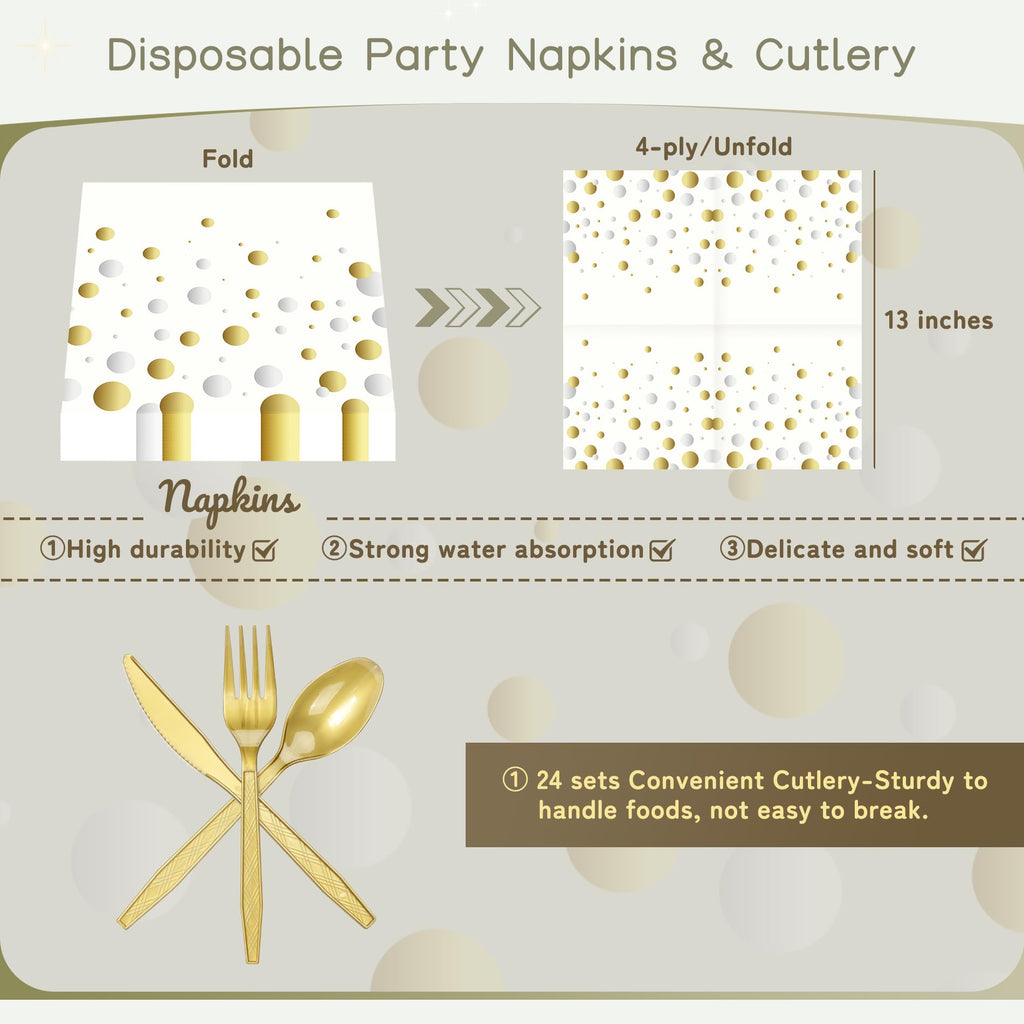 168pcs Happy New Year Party Supplies, Black and White Paper Plates Napkins Cups and Transparent Gold Cutlery for 24 Guests, 2026 New Year Disposable Tableware Supplies for Party Decorations