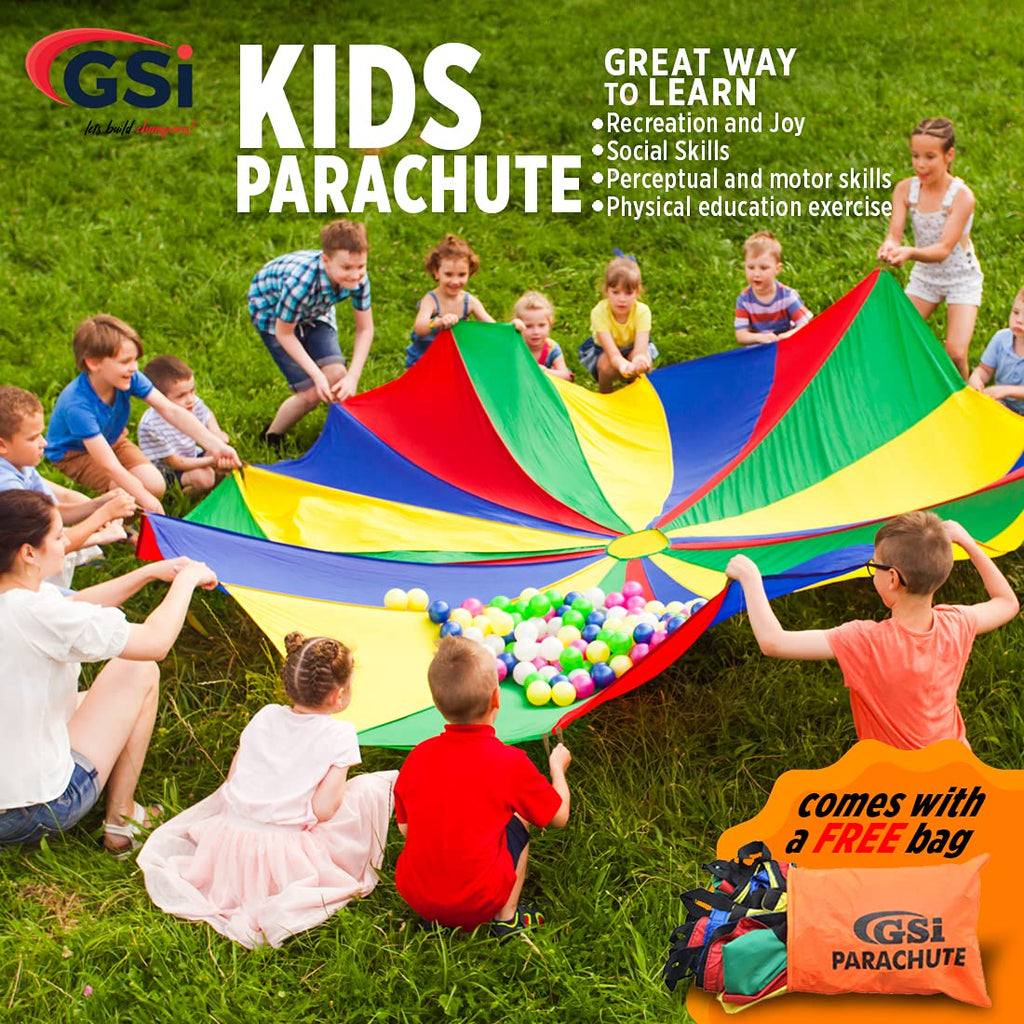 GSi Kids Play Parachute Rainbow Parachute Toy Tent Game for Children Gymnastics Cooperative Play and Outdoor Playground Activities (12 Feet)