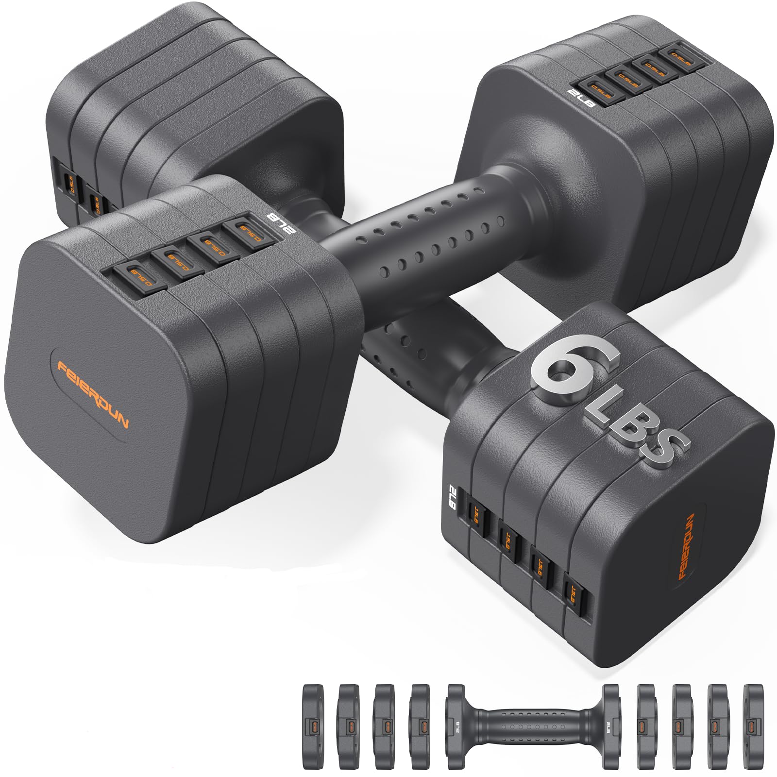 FEIERDUN DB3 5-in-1 Adjustable Dumbbell Set, 6LB/10LB Pair Adjustable Weights for Women at Home, Dual Locking Stable Hand Weights with TPU Soft Handle, Home Gym, Rehab, Pilates, Yoga, Strength Training