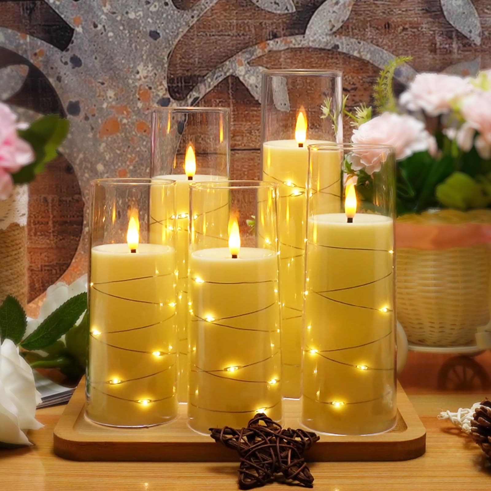 kakoya Flameless LED Candles with Timer 5 Pc Flickering Flameless Candles for Romantic Ambiance and Home Decoration Stable Acrylic Shell,with Embedded Star String，Battery Operated Candles（Red）