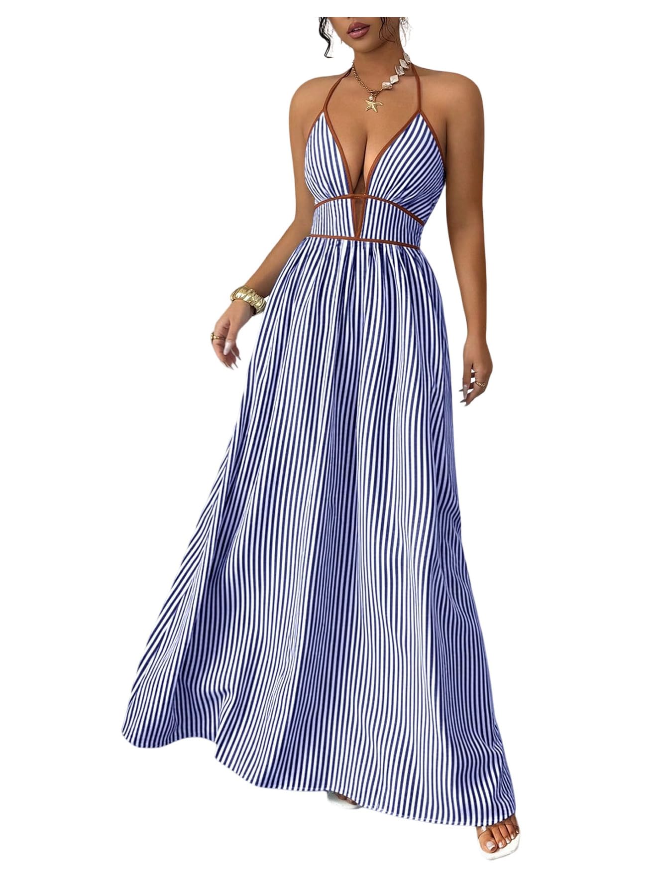 Floerns Women's Striped Halter Maxi Dress Backless Smocked Beach Vacation Boho Dress
