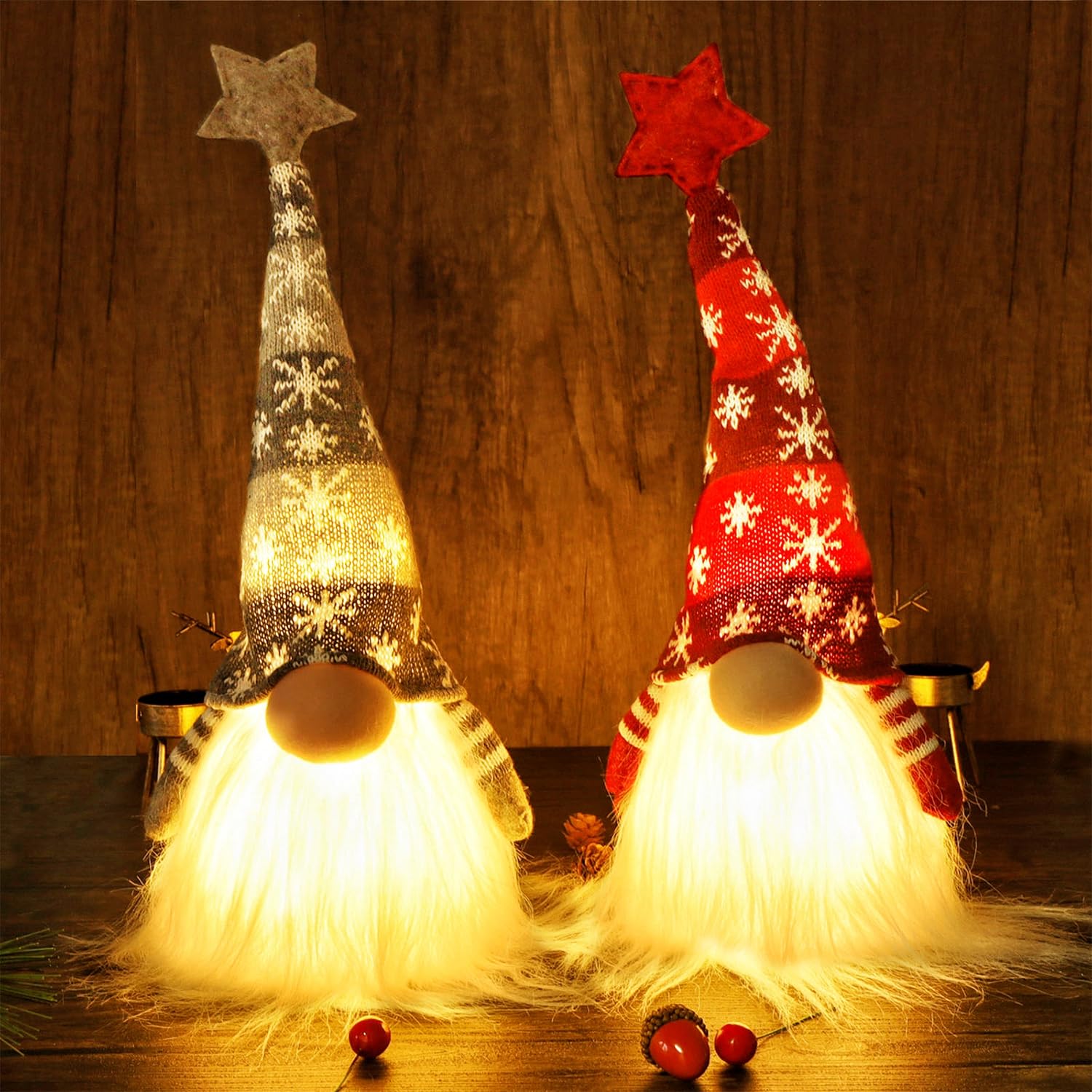 Juegoal 11" Lighted Christmas Gnome Santa, Light Up Elf Holiday Present, Battery Operated Winter Tabletop Christmas Decorations, 2 Set
