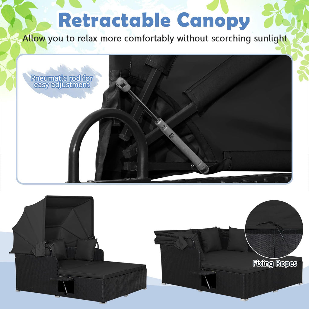 Tangkula Patio Rattan Daybed with Retractable Canopy, Outdoor Wicker Sunbed Lounger with 2 Foldable Side Tables, Thick Seat & Back Cushions, Outside Double Daybed for Garden, Backyard, Porch