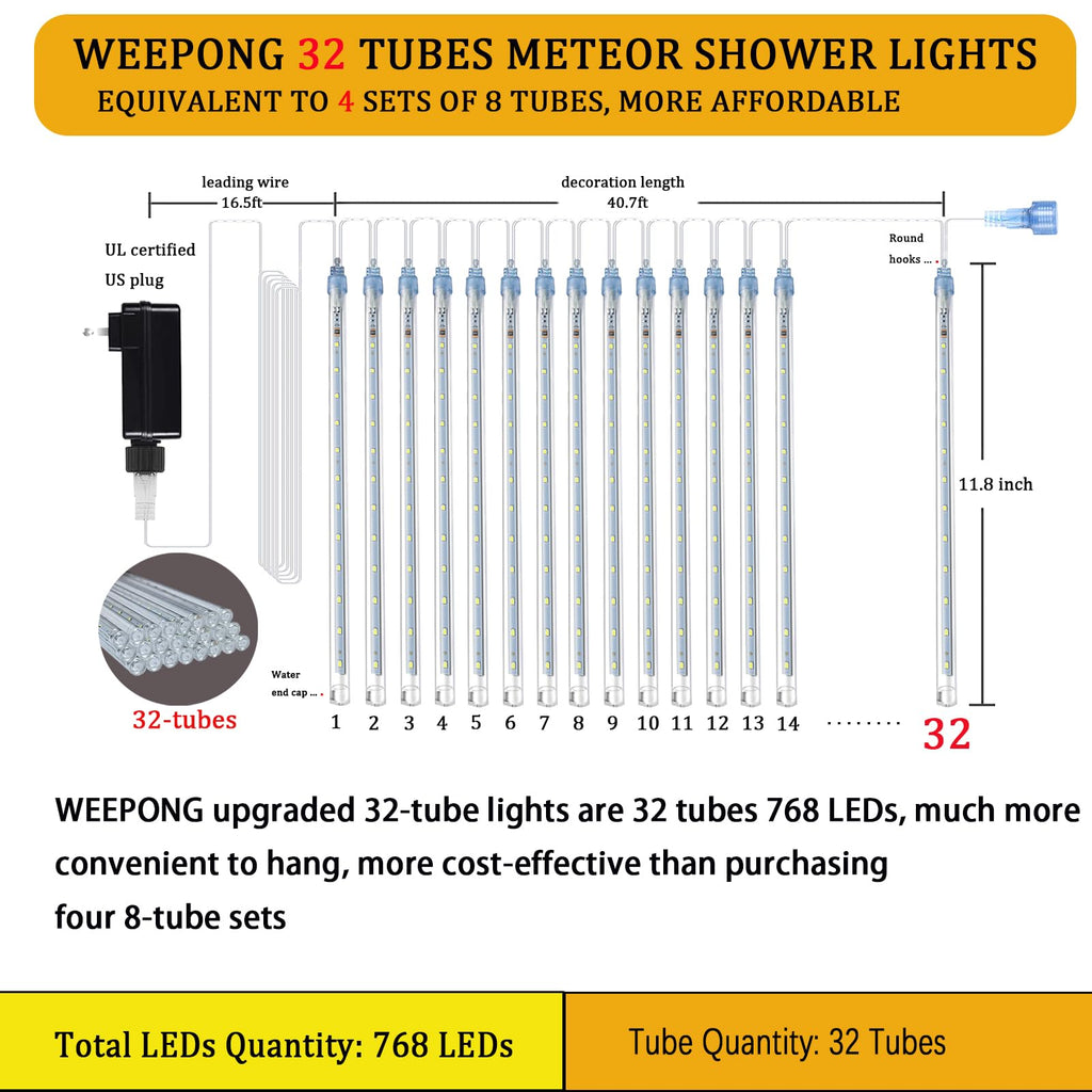 Weepong Halloween Lights Outdoor, Meteor Shower Christmas Lights for Halloween Decorations, 8 Tube 192 LED Snow Falling Rain Icicle String Light for Xmas Christmas Decor Tree Party, UL Plug Green