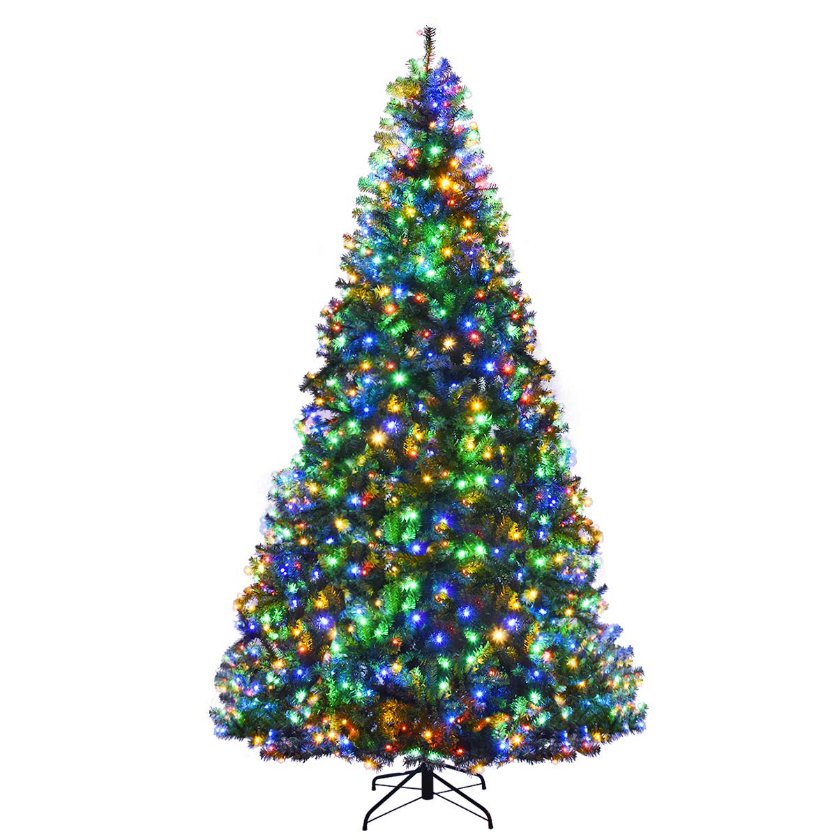 Goplus 7FT Pre-Lit Artificial Christmas Tree Auto-Spread/Close up Branches 11 Flash Modes with Multicolored 400 LED Lights & Metal Stand