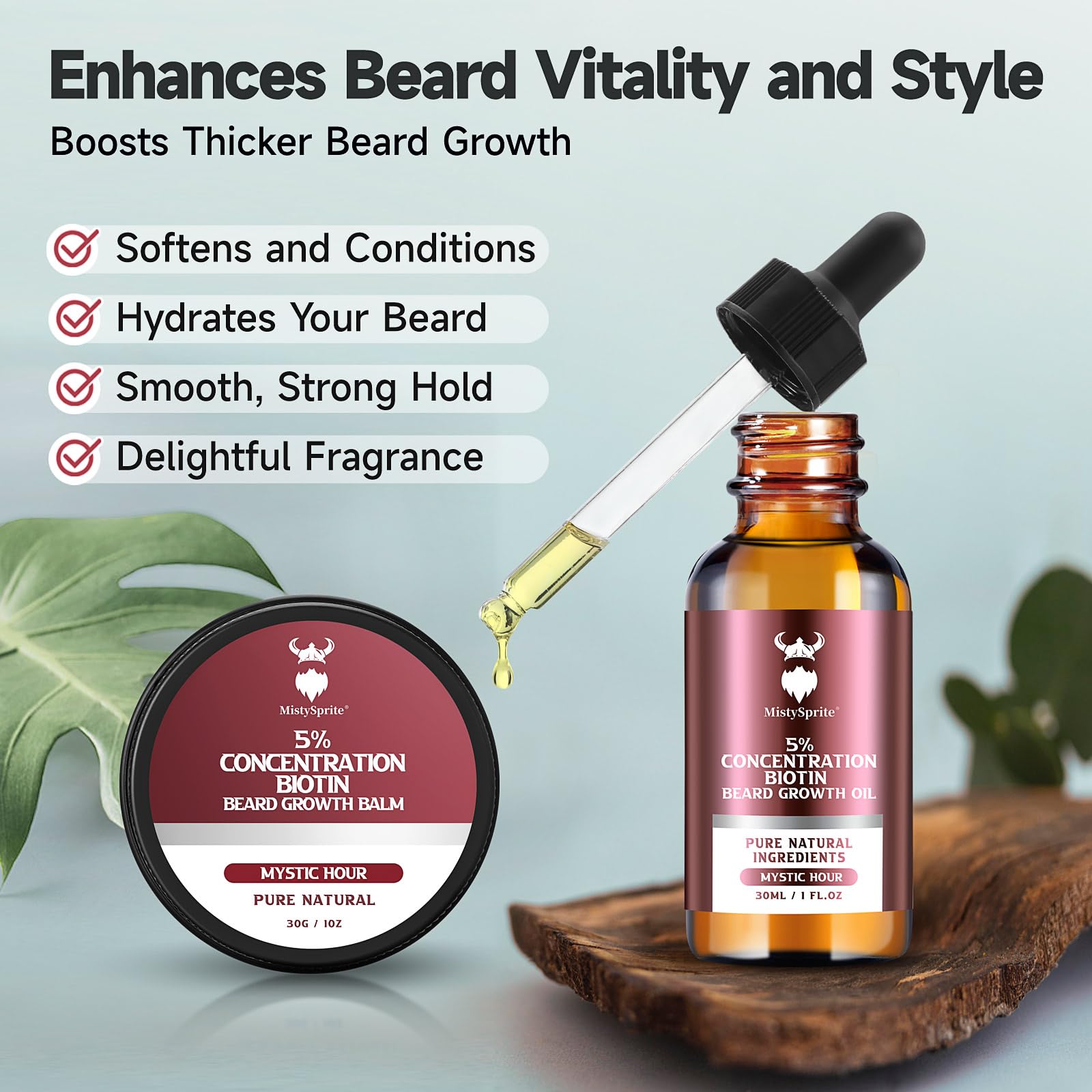 MistySprite Beard Growth Kit for Men, 2X Concentration Biotin Beard Oil & Styling Balm, Natural Facial Hair Conditioner with Argan, Jojoba & Vitamin E, Sandalwood Scent Softener