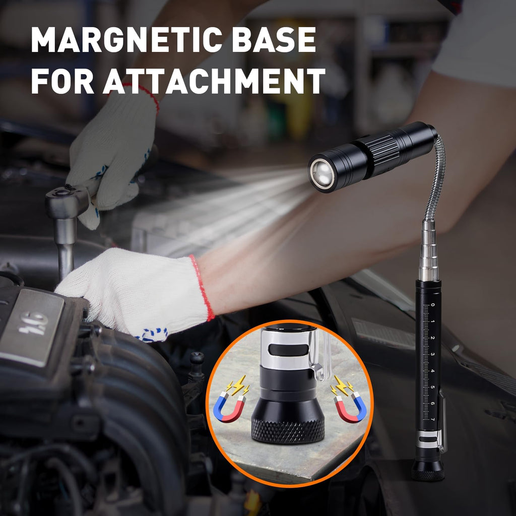 Telescoping Magnetic Pickup Tool Set with 1 & 15 lb Pick Up Sticks, Round and Square Adjustable Inspection Mirror and Flexible LED Flashlight, Fathers Day Dad Gifts for Men, Dad, Husband