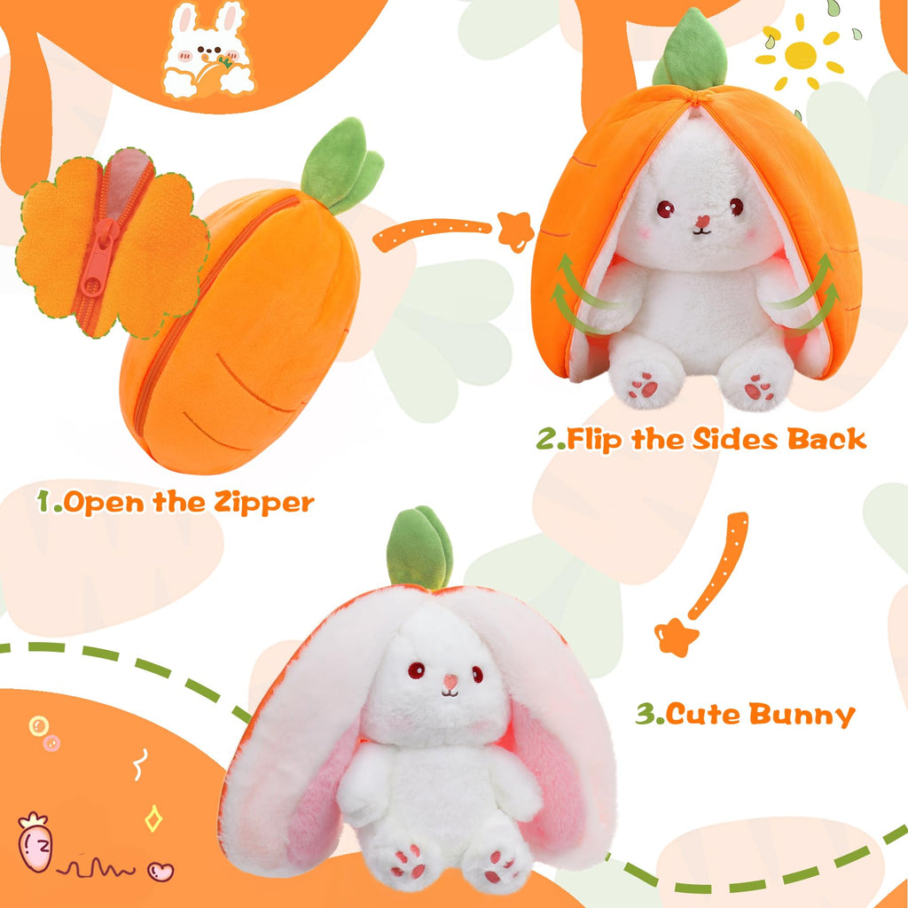 MIAODAM Bunny Stuffed Animal Reversible Cuddle Bunny Stuffed,Strawberry Bunny Transformed Rabbit Plush Zipper,Turns Into Ears Bunnies Plushies Toy Cute Stuffy Doll Easter
