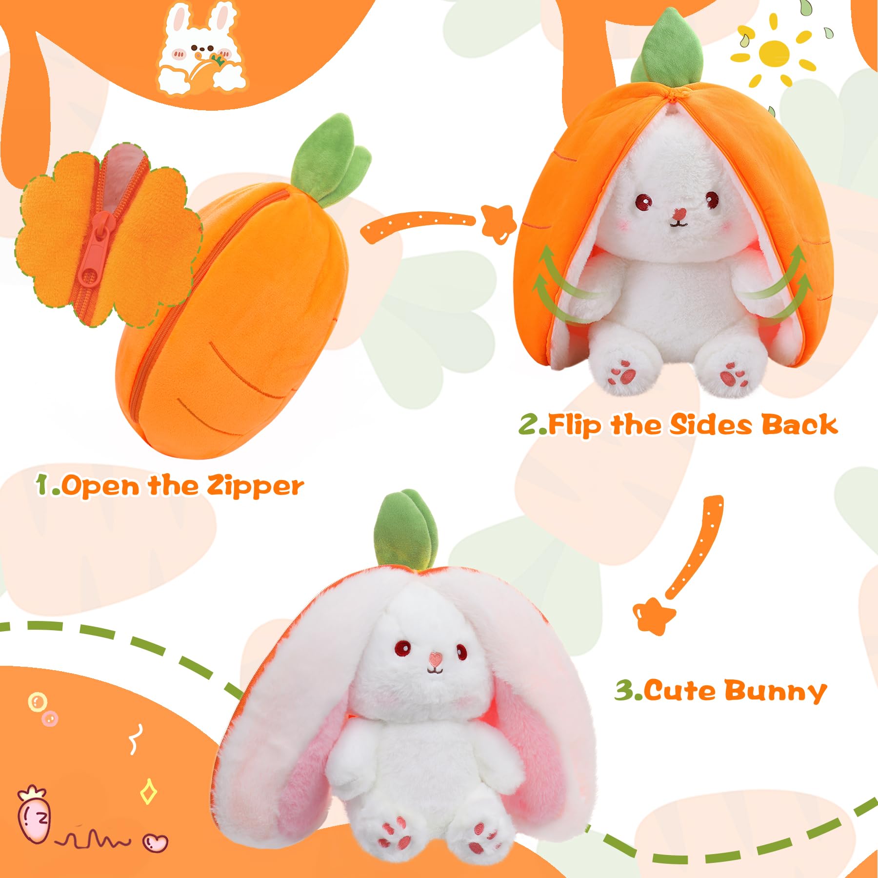 MIAODAM Bunny Stuffed Animal Reversible Cuddle Bunny Stuffed,Strawberry Bunny Transformed Rabbit Plush Zipper,Turns Into Ears Bunnies Plushies Toy Cute Stuffy Doll Easter