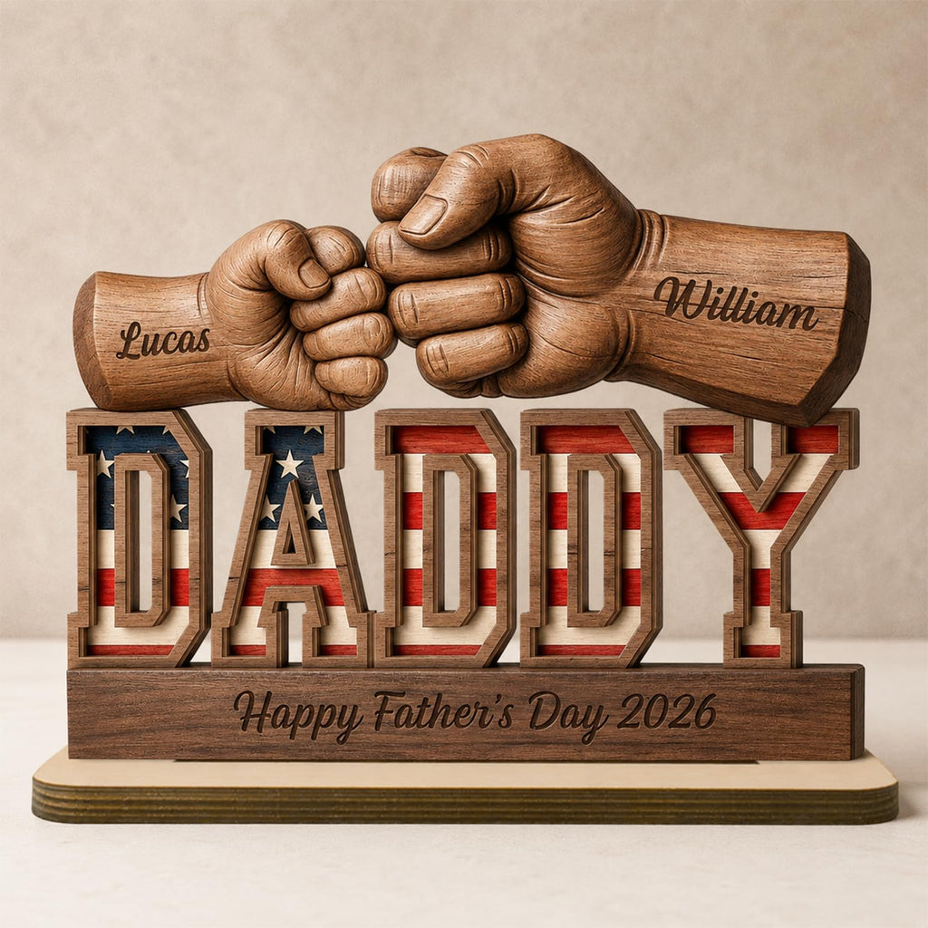 Personalized Fist Bump Dad and Kids Name Wooden Plaque, Custom Fathers Day Plaque for Dad Grandpa, Customized Sign Decorations for Daddy, Grandpa, Heartfelt Father's Day Birthday Gifts for Husband