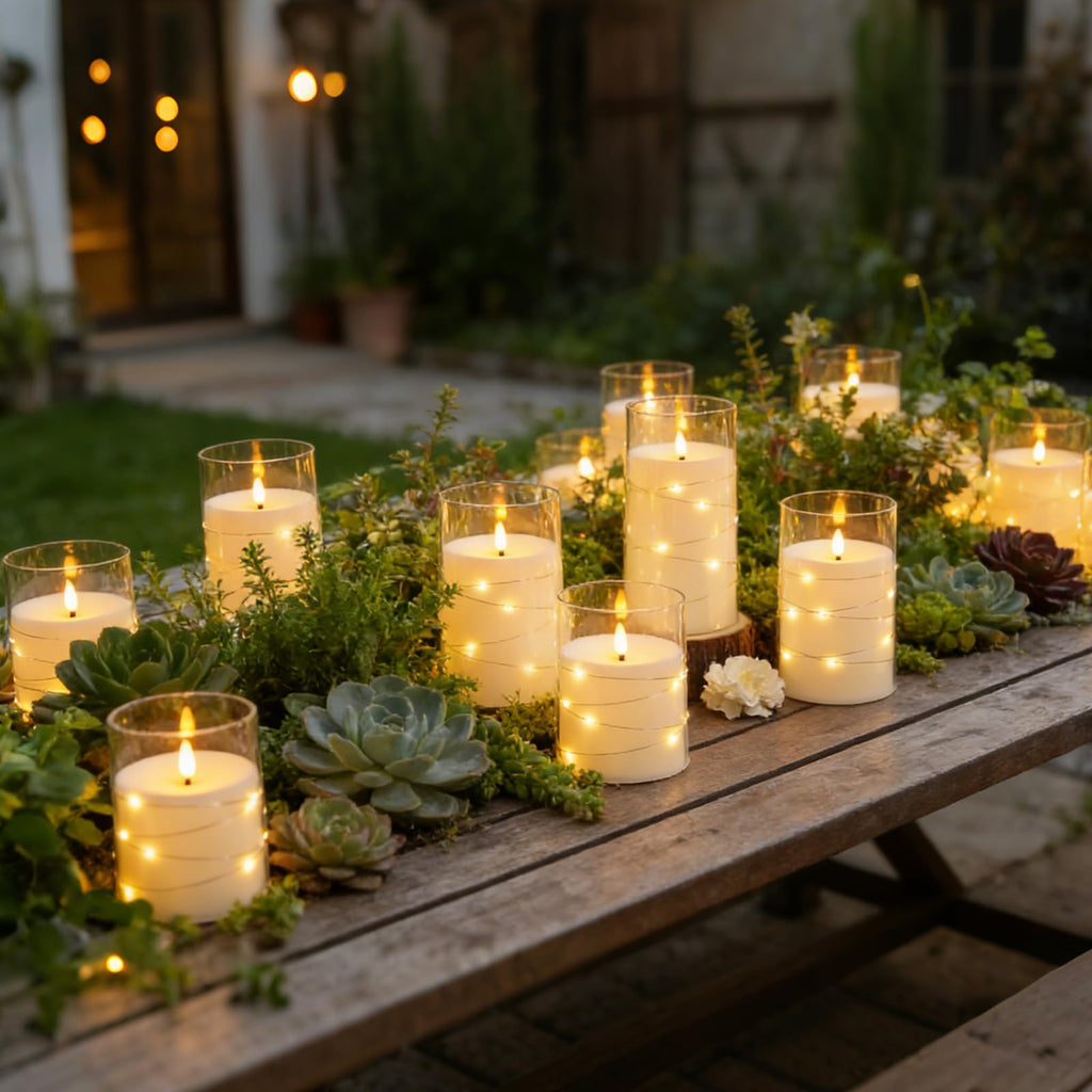kakoya Flameless LED Candles with Timer 5 Pc Flickering Flameless Candles for Romantic Ambiance and Home Decoration Stable Acrylic Shell,with Embedded Star String，Battery Operated Candles（Red）
