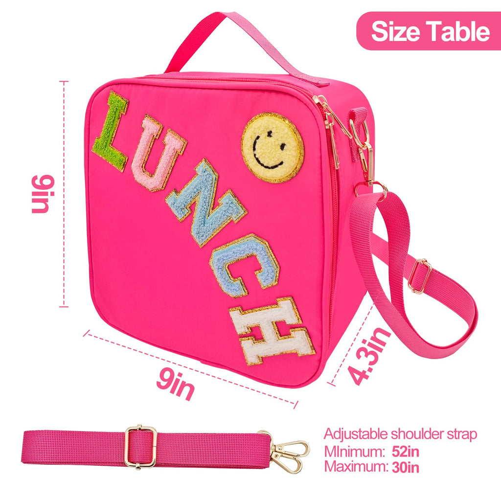 Insulated Lunch Bag With Adjustable Shoulder Strap, Nylon Preppy Lunch Box Large Insulated Lunch Bag Reusable Lunch Tote Bag with Smiley Preppy LunchBag for Girls School Travel Picnic (Purple)